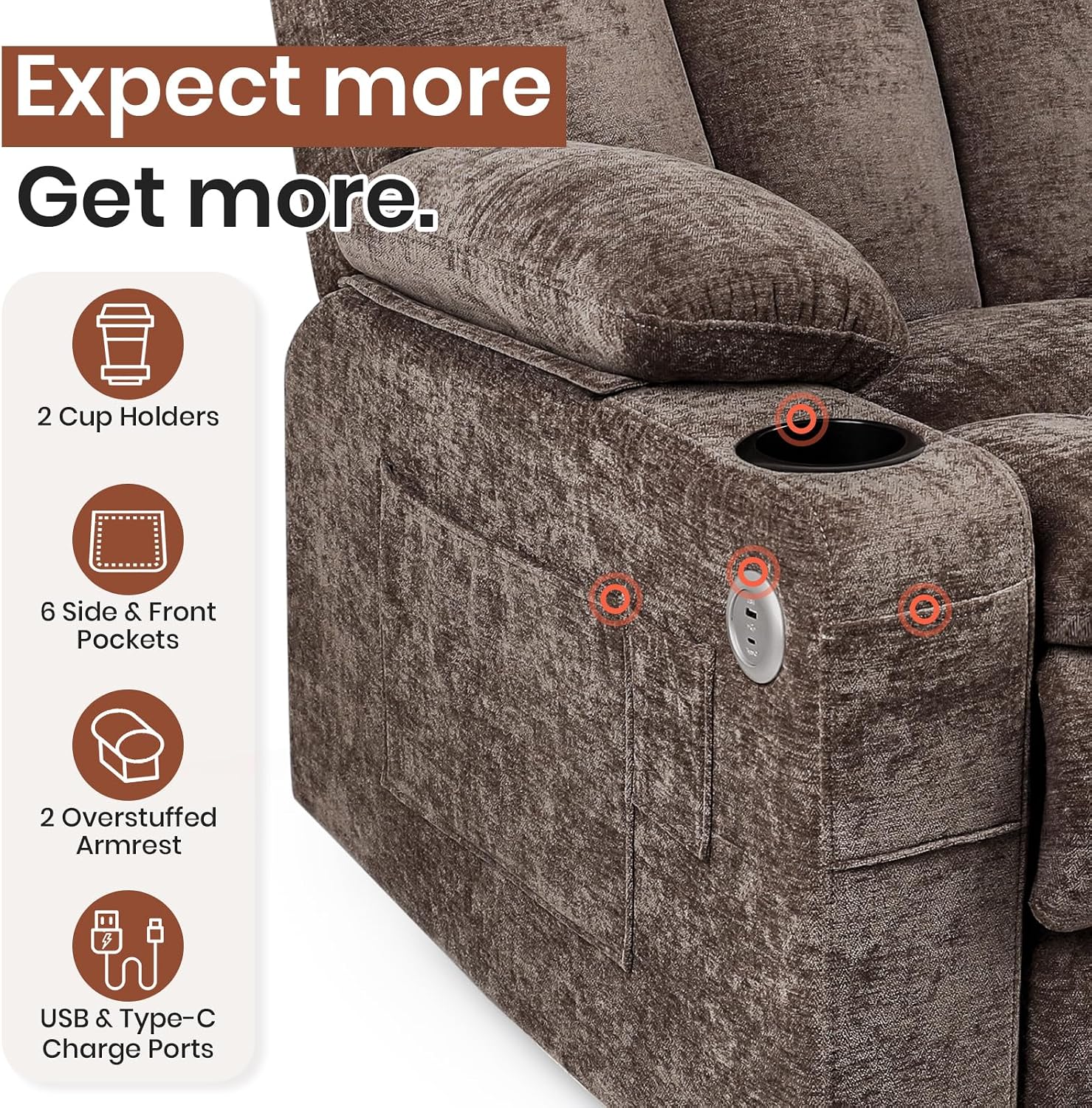 Medium Power Recliner Chair with Breathable Chenille Fabric, 20,000+ Rubs Durable Anti-Snag Seating, USB & Type-C Ports, Dual Remotes, Brown