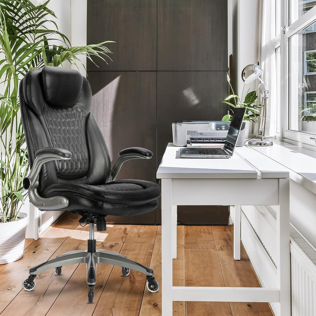 Ergonomic Executive Office Chair, High Back Leather Desk Chair with Flip-up Arms and Adjustable Height, Swivel Rolling Computer Chair with Heavy Duty Metal Base,300lbs,Black for Home Office or Study