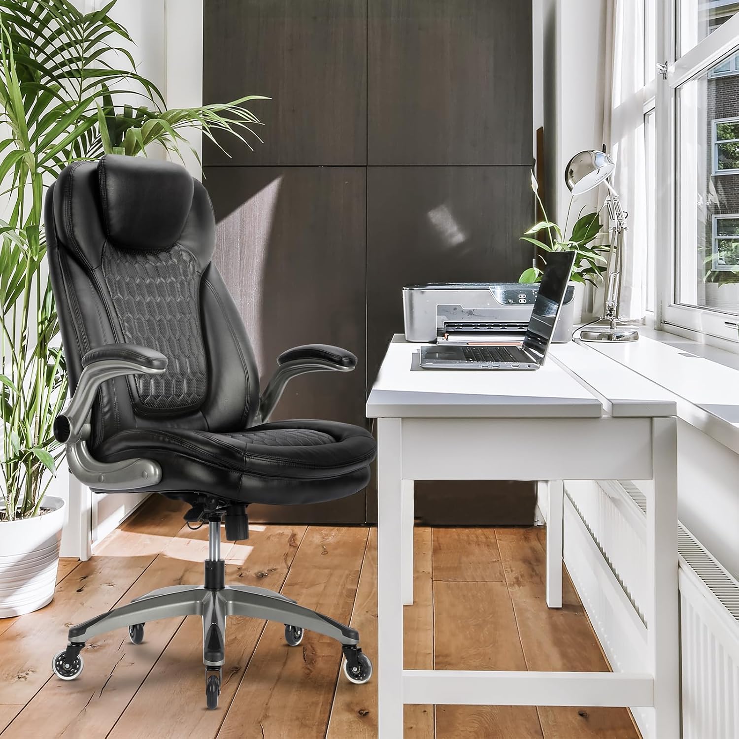 Ergonomic Executive Office Chair, High Back Leather Desk Chair with Flip-up Arms and Adjustable Height, Swivel Rolling Computer Chair with Heavy Duty Metal Base,300lbs,Black for Home Office or Study