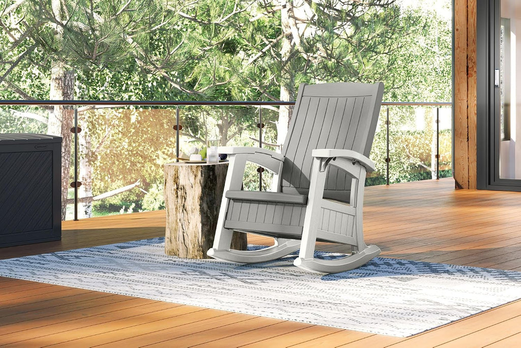 Suncast Outdoor Patio Rocking Chair with Under-Seat Storage, Stylish Faux Wood Outdoor Rocker for Patios, Dove Gray and Ice Cube, Made in The USA