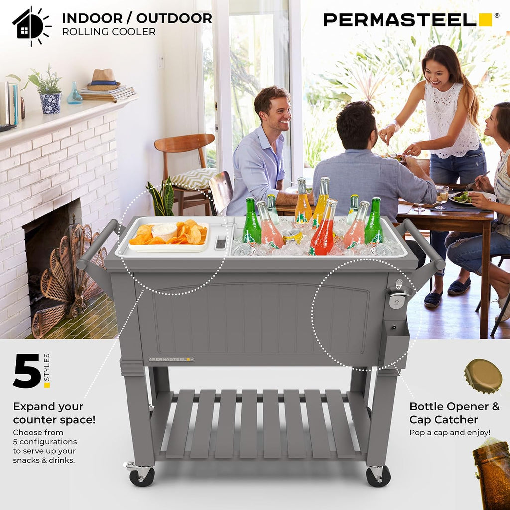 Permasteel Party Cooler with Divider, Spacious 80-Qt Capacity, Chills 36hrs, Serving Tray, Rolling Ice Chest for Indoor and Outdoor Entertainment, Matte Gray