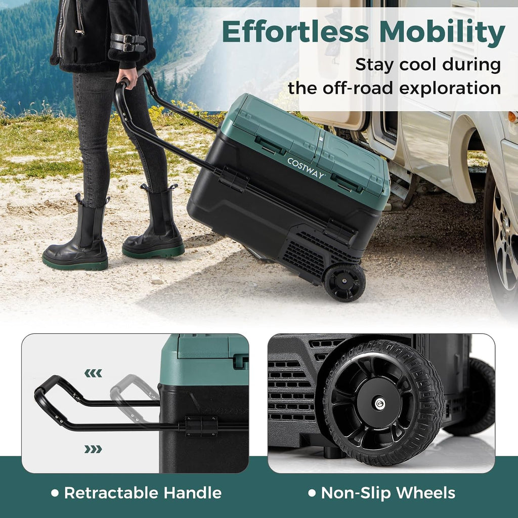 COSTWAY Car Refrigerator with Wheels, 42-Quart Dual-zone Dual-temperature Electric Cooler, 12V/24V DC, 100-240V AC, -4°F To 68°F, Reversible Lids, Car Freezer for RV Camping, Green+Black