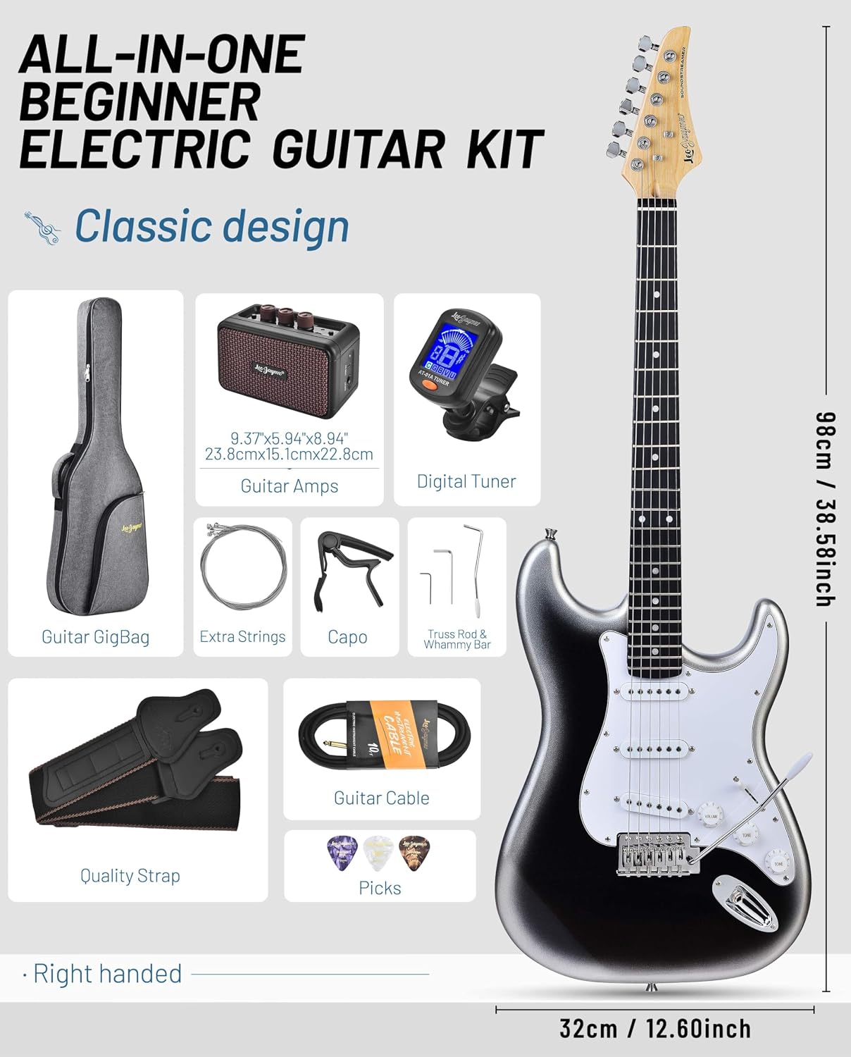 Leo Jaymz Beginner Electric Guitar Complete Kit with Portable Amp, Padded Gig Bag & Full Accessories, Maple Neck SSS Pickups(White-Black Fade)