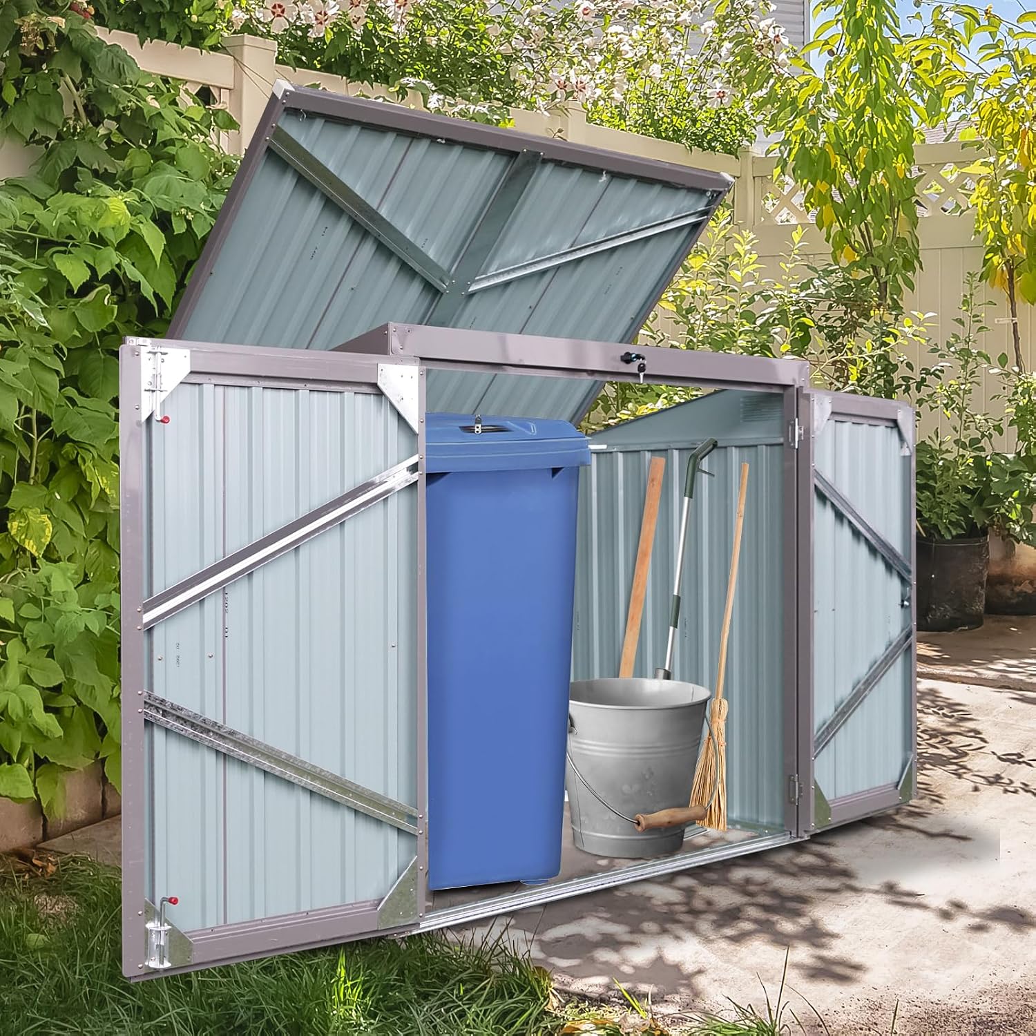 Garbage Bin Shed for 2 Trash Cans, Outdoor Metal Garbage Storage Shed with Lockable Door & Sloped Roof, Multi-Use Rust Prevention Galvanized Steel Enclosure for Yard, Garden, Patio (Gray)