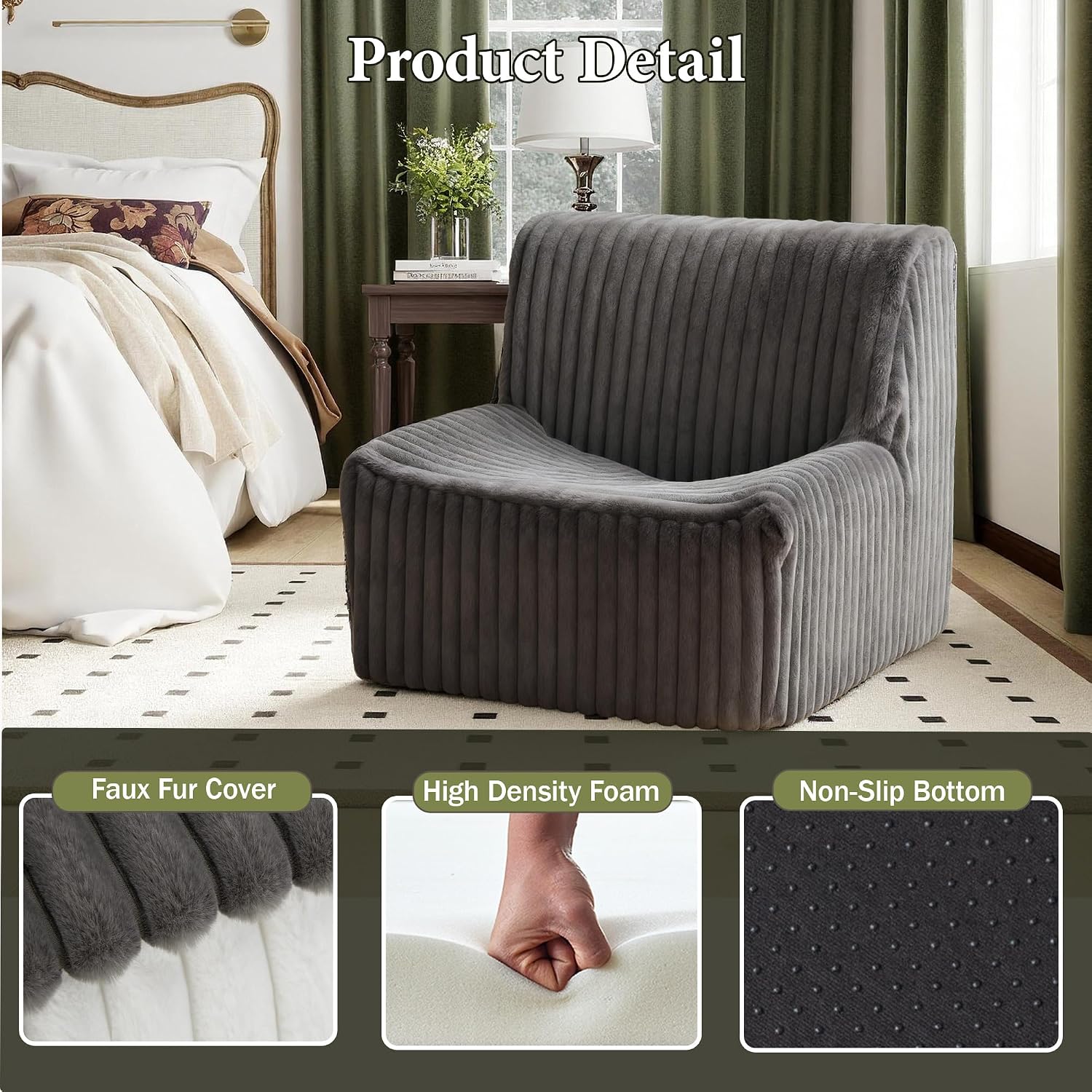 Trenda 32'' Comfy Bedroom Chair for Adult, Boneless Space-Saving Accent Chairs with Spacious Seating, Soft Faux Fur, Ideal Floor Couch for Living Room,College, Dorm to Reading(Grey)