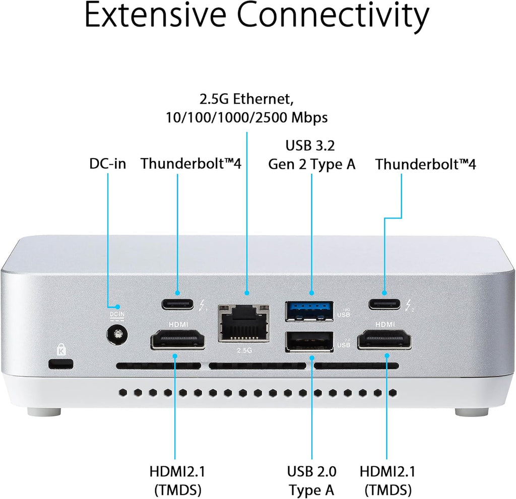 ASUS NUC 14 Pro+ Barebone with Intel 14thGen Core Ultra 9 185H (NPU Support), up to 96GB DDR5 RAM, Dual Storage, Thunderbolt 4, Wi-Fi 6E & Bluetooth 5.3, Silver Aluminum Chassis, with VESA Mount