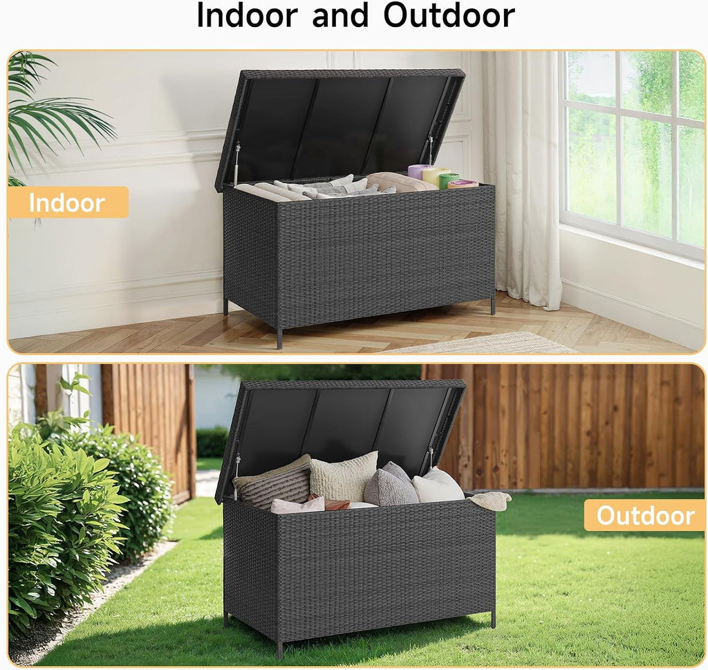 ONBRILL 158 Gallon XL Deck Box with Lid, All Weather Wicker Outdoor Storage Box Waterproof, Large Outdoor Patio Storage Bin for Cushions, Garden Tools, Gears, Pool Accessories, Black