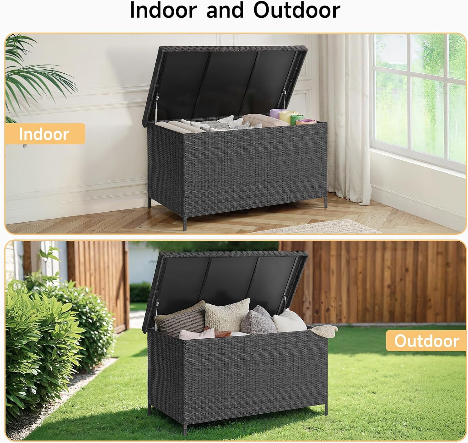ONBRILL 158 Gallon XL Deck Box with Lid, All Weather Wicker Outdoor Storage Box Waterproof, Large Outdoor Patio Storage Bin for Cushions, Garden Tools, Gears, Pool Accessories, Black