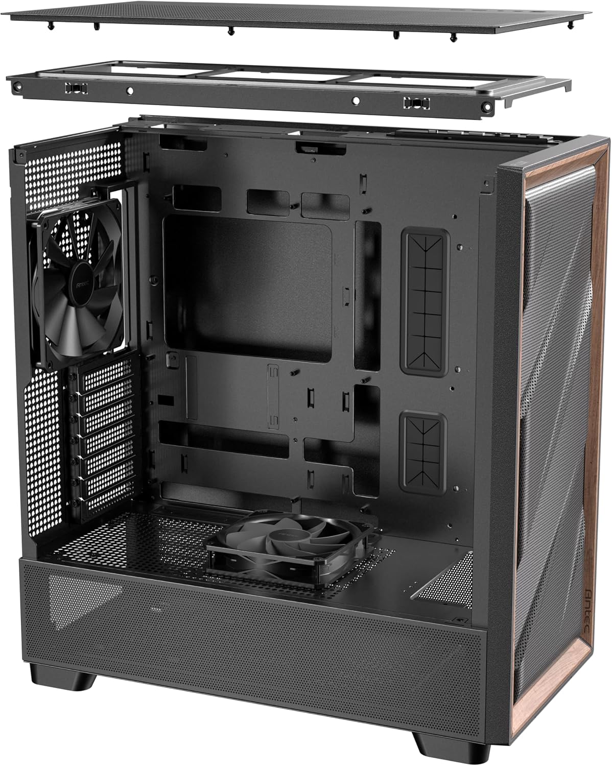 Antec Flux Wood, 5 x PWM Fans Included, High-Airflow Front Panel with Walnut Wood, Type-C, 420mm Radiator & Back Connect Motherboard Support, Up to 9 Fans Simultaneously, Mid-Tower E-ATX PC Case