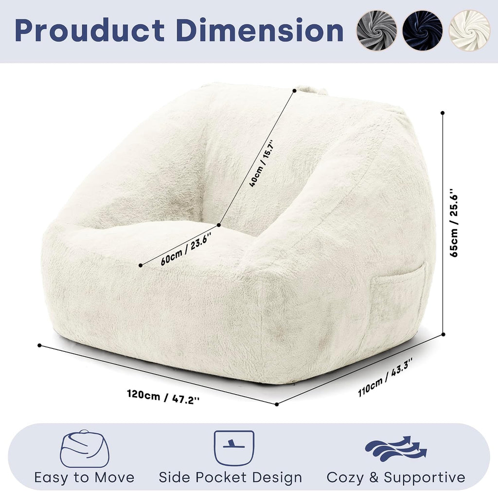 SUNBURY 47.2' L-Shaped Bean Bag Chair with Arms, Memory Foam Filled Lazy Sofa with Portable Handle & Side Pocket, Plush Floor Chair for Adults, Living Room, Bedroom, Reading Corner (Cream White)