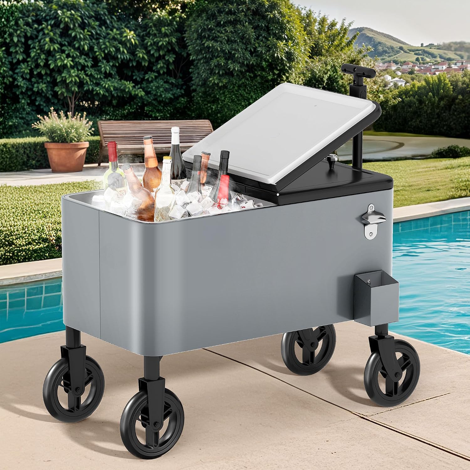 DWVO Ice Chest with Wheels,80 Quart Rolling Cooler with Bottle Opener Drainage, Patio Cooler Cart, Rolling Ice Chest with Handle for Patio Pool Deck Party BBQ Cookouts