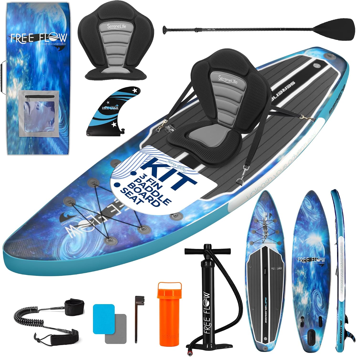 SereneLife Inflatable Stand Up Paddle Board and Detachable Seat - SUP Paddleboard Set for Adults and Youth, 32' Wide Design with Non-Slip EVA Deck Pad and Marine-Grade Materials, 350 lbs Capacity