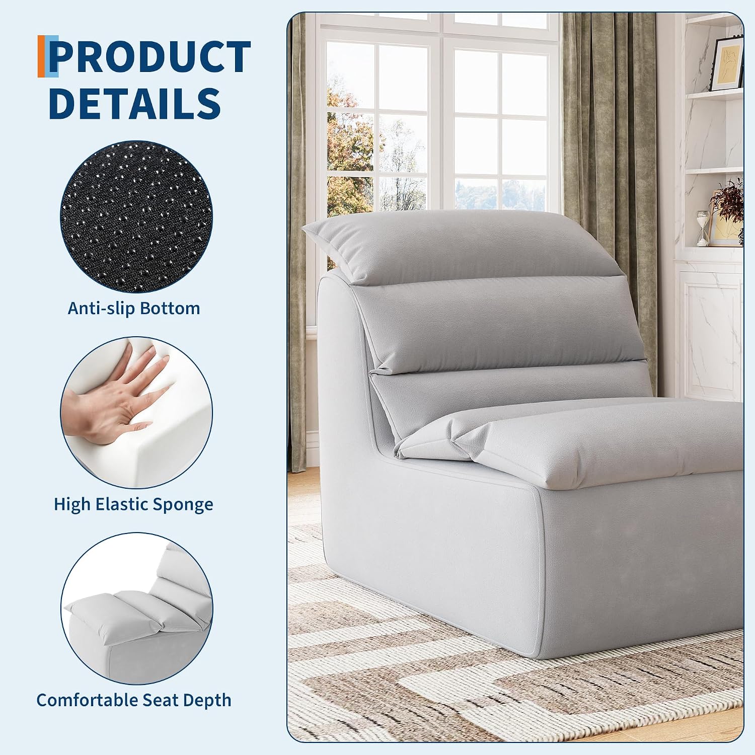 GarveeHome Bean Bag Chair, Lazy Floor Couch with High-Resilience Foam, Non-Slip Base, Beanbag Chairs for Adults, Fireside Chair for Reading Gaming Living Room Bedroom, Gray