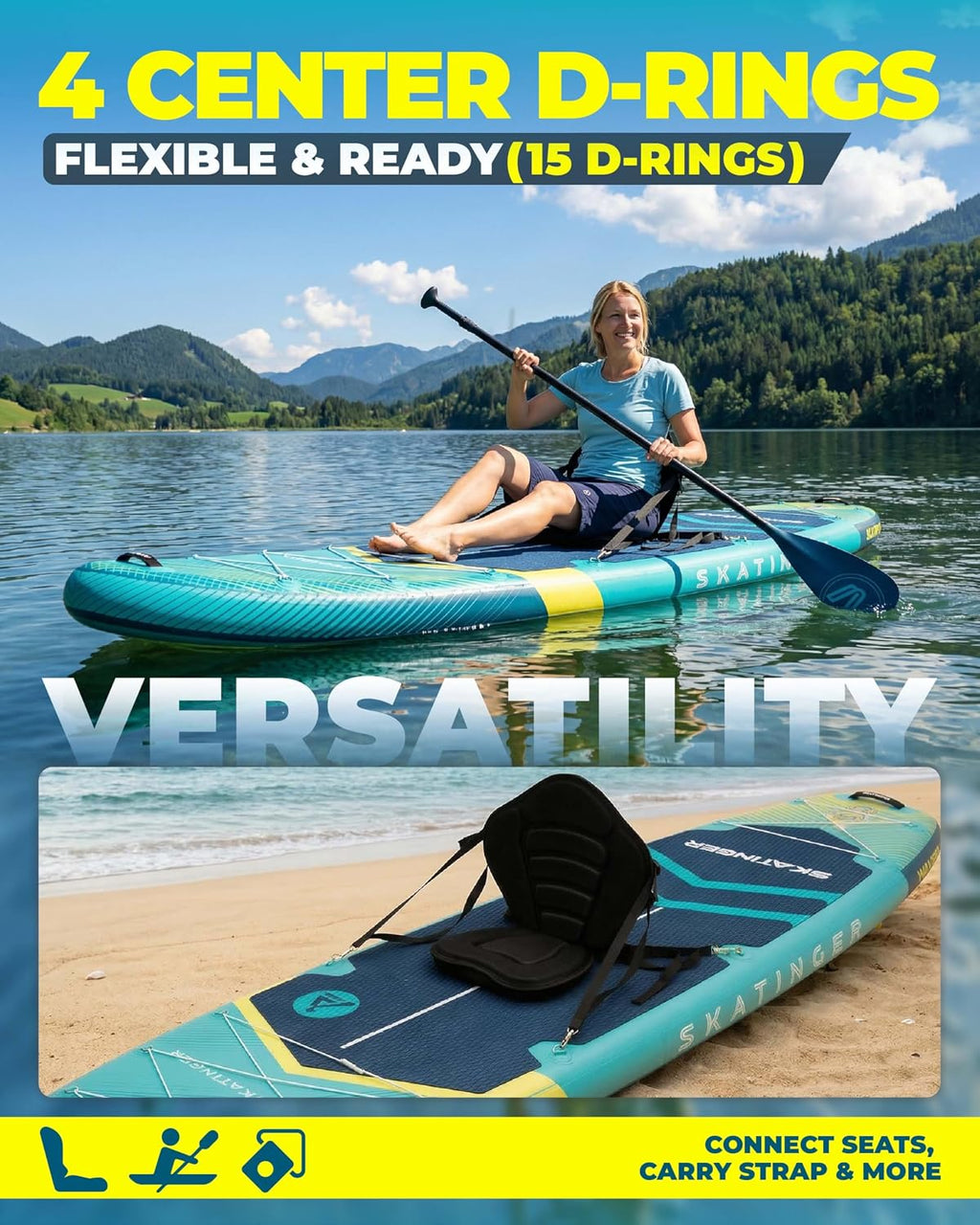 Skatinger 11'6×35' Super Wide Inflatable Paddle Board, Ultra Stable Stand Up Paddleboards for 450lb/3 People/Family/Big Size w/Shoulder Strap, 100L Backpack, Ultra-Light All-Round Sup Board