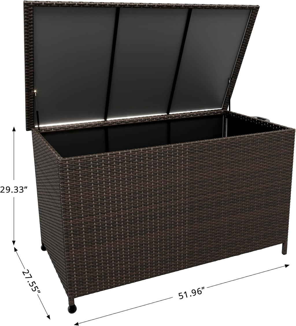 185 Gallon Outdoor Storage Box with Wheels - Large Wicker Rattan Deck Box for Patio Cushions, Garden Tools, Pool Floats & Pillows, All-Weather Patio Furniture Storage, Brown