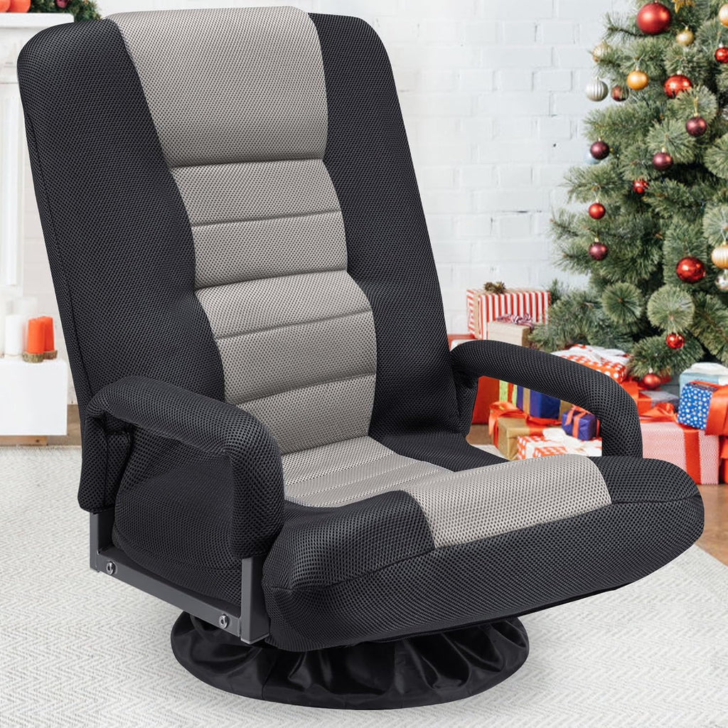Swivel Floor Gaming Chair w/Armrests,Folding Video Reclining Sofa w/6 Adjustable Position, Padded Backrest & Cushion, Lazy Lounger Couch for E-Sports, Reading, Relaxing, Watching TV, Grey