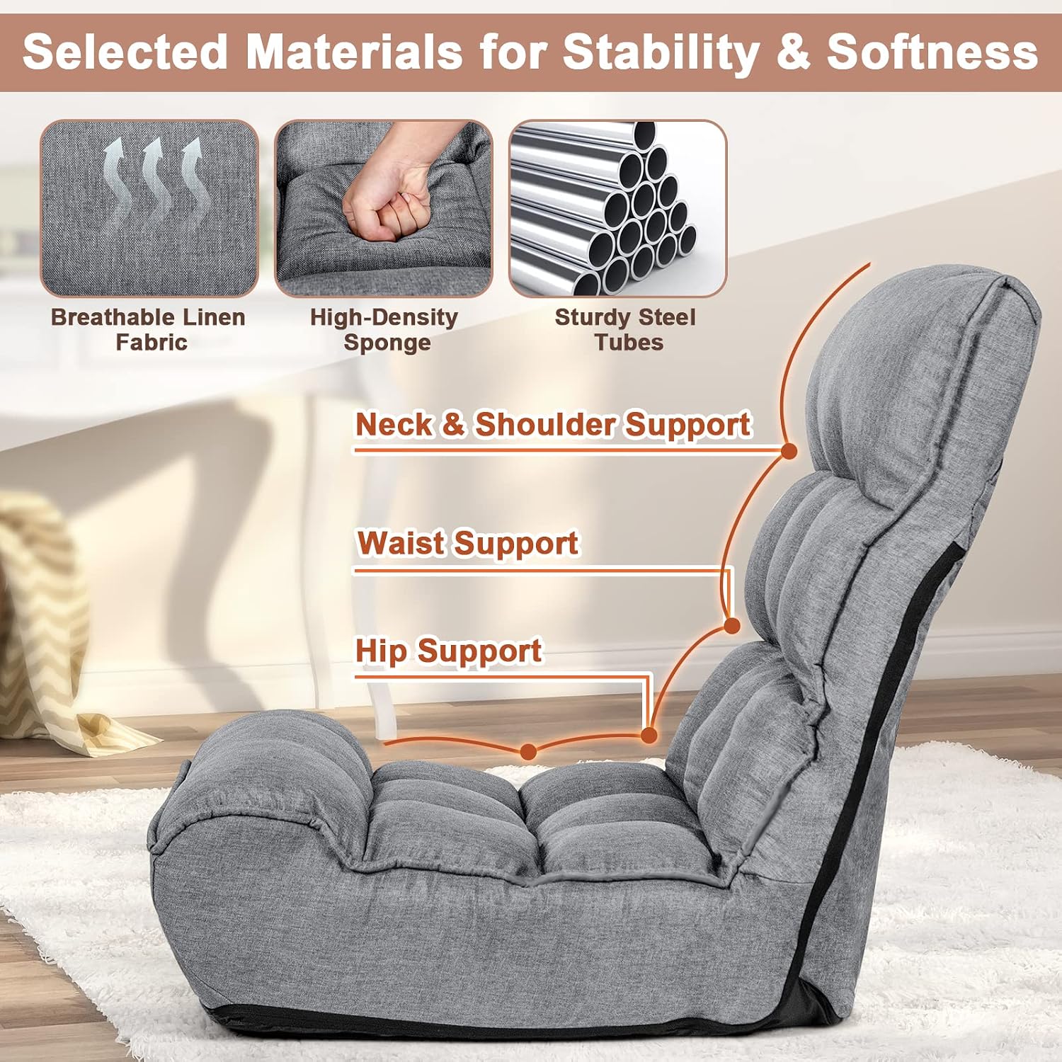 COSTWAY Folding Floor Lounge Chair, Floor Gaming Chair with 5-Position Adjustable Head & 4-Position Adjustable Backrest, Indoor Lazy Sofa Recliner for Bedroom, Living Room (Grey)