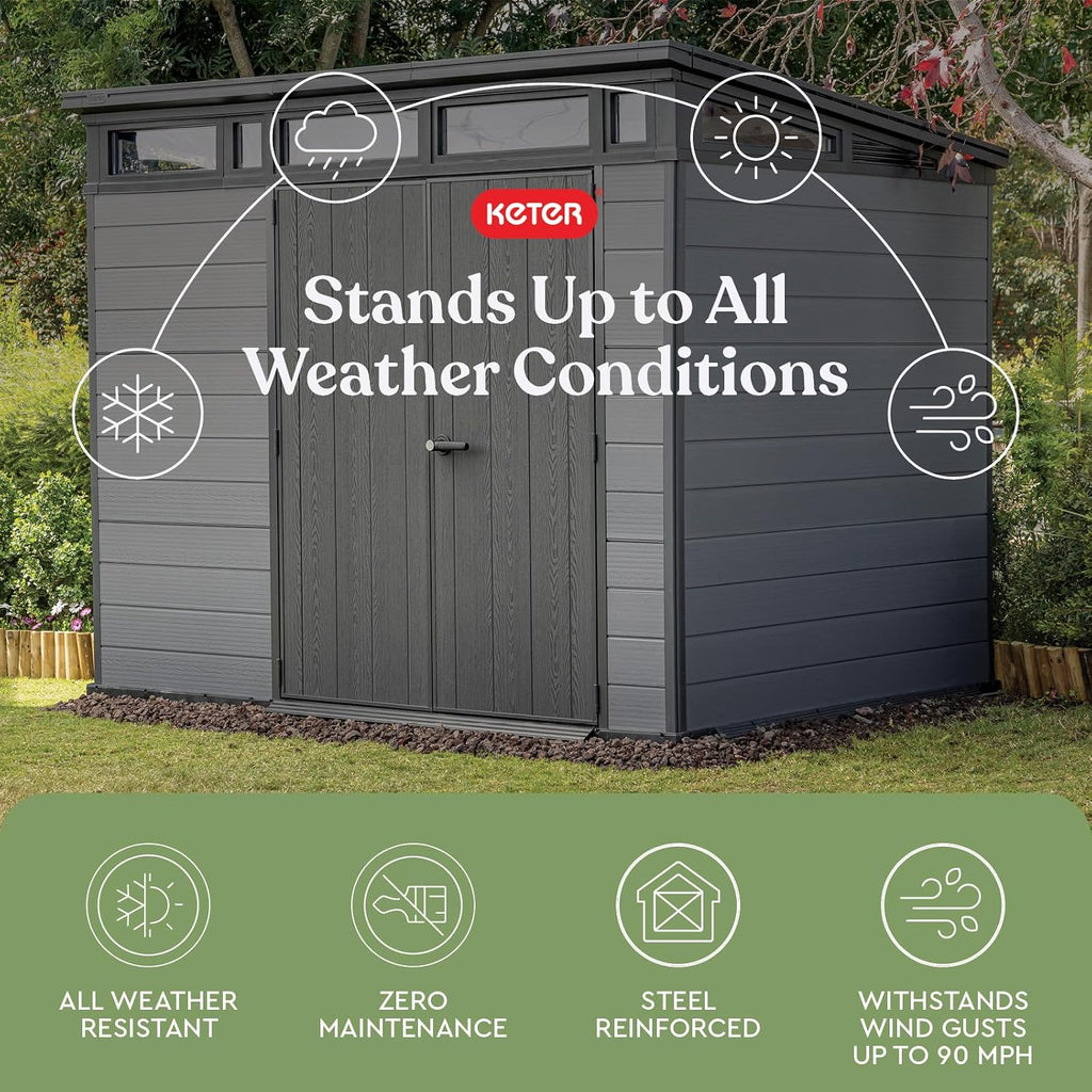 Keter Cortina 9x7 Ft All-Weather Storage Shed with Skylight, Window, Built-in Ventilation, Customizable Walls, & Lockable Double Doors, Graphite