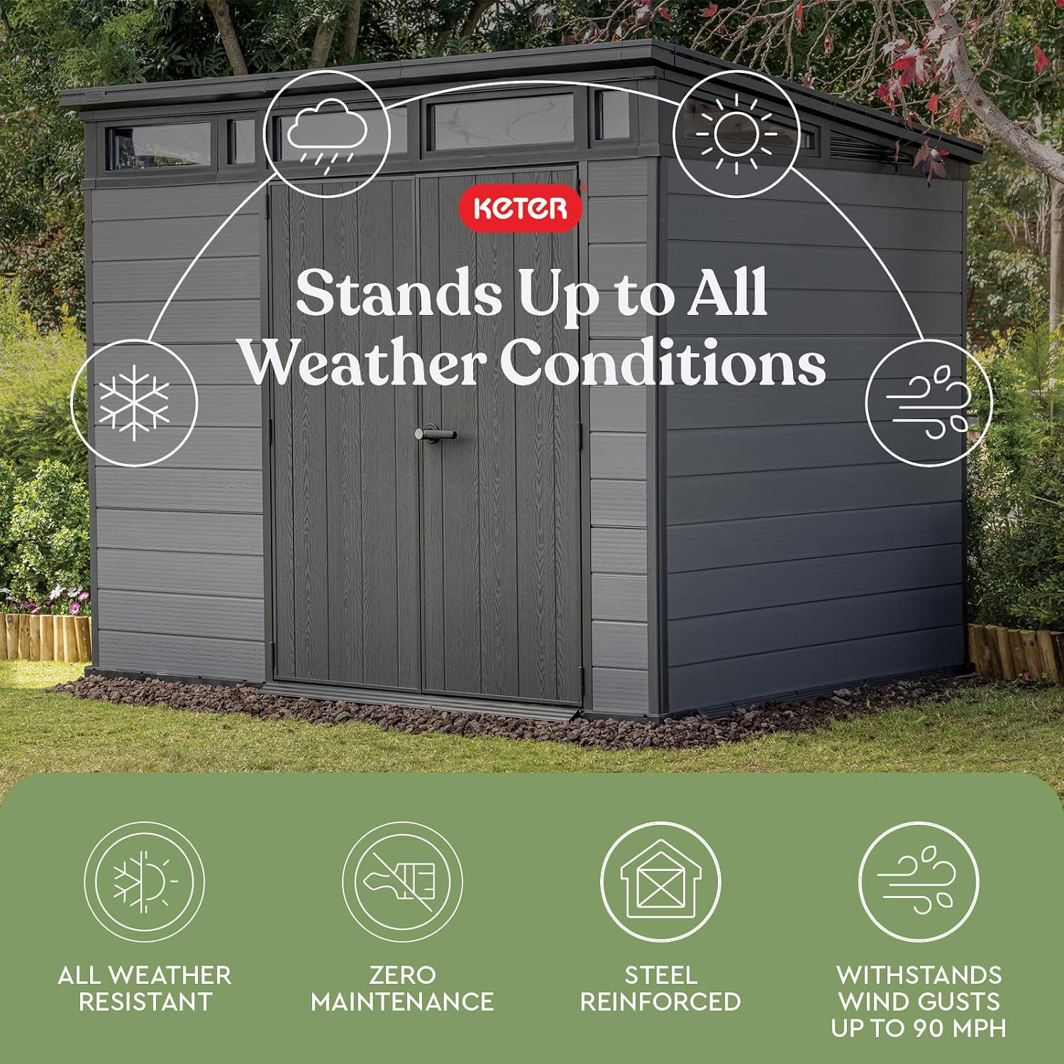 Keter Cortina 9x7 Ft All-Weather Storage Shed with Skylight, Window, Built-in Ventilation, Customizable Walls, & Lockable Double Doors, Graphite