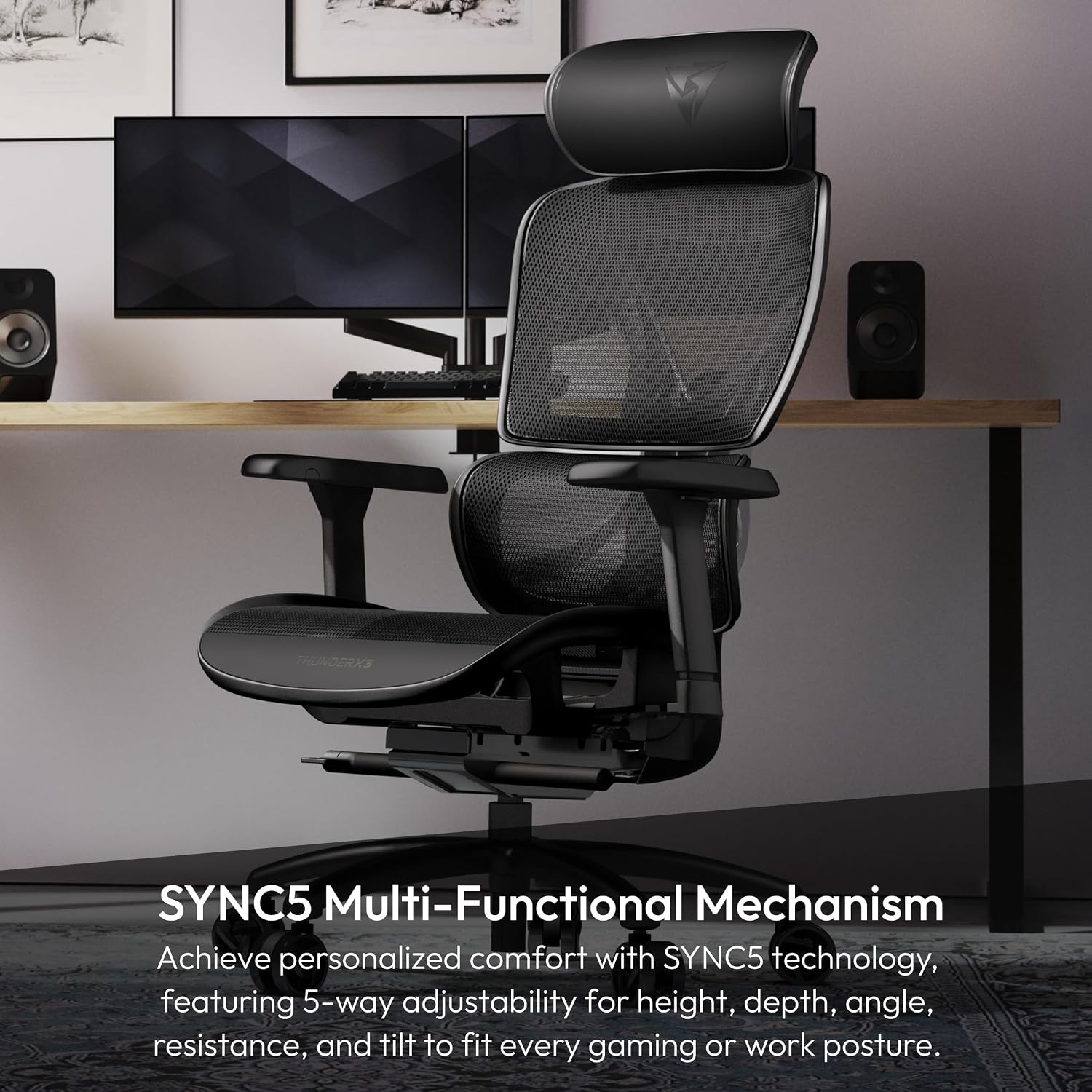 THUNDERX3 XTC Ergonomic Office Chair, for Adults Gaming Chair, High Back Desk Chair, Synchronous Tilt, Self-Adjusting Lumbar Support and Backrest, Adjustable Headrest, Breathable Mesh, Black