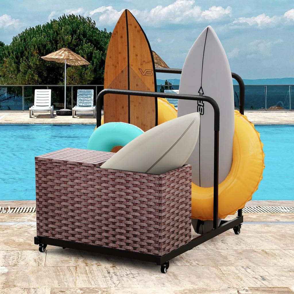 FONTOI Pool Storage, Pool Float Storage Bin with Wheels, Waterproof Metal with Rattan Pattern UV Print Outdoor Pool Towel Rack, All-Weather Float Storage Organizer for Cushions, Brown