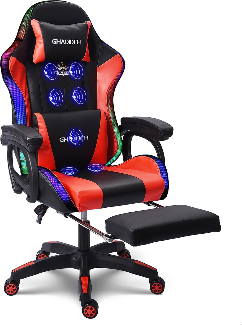 Video Gaming Chair with Speaker and RBG Light, Ergonomic Computer Chair with Massage Function, Comfortable Computer Recliner with Footrest and Lumbar Support,Gaming Chair for Adults Kids.,Red