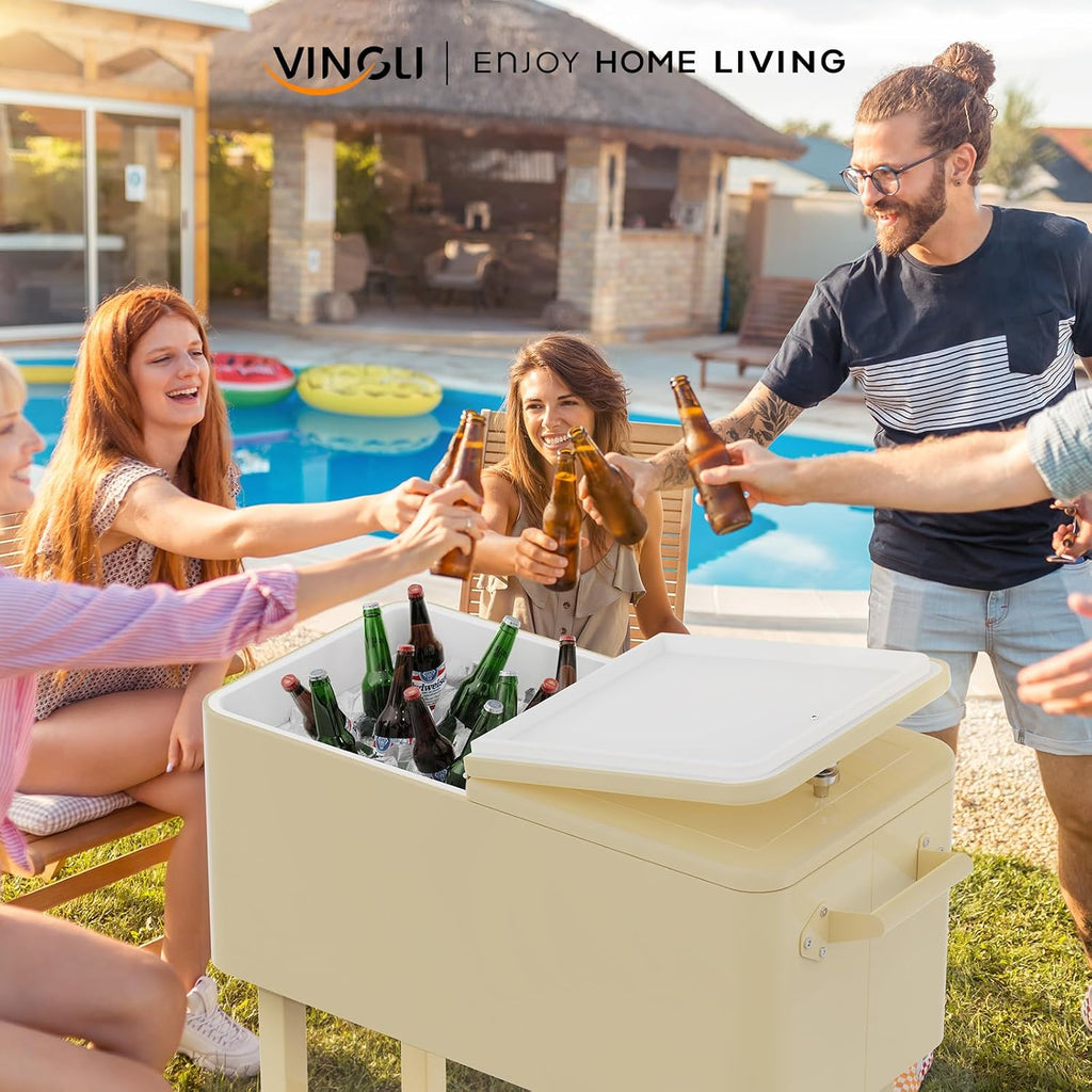 VINGLI Rolling Ice Chest, Portable Patio Party Bar Drink Cooler Cart, with Shelf, Beverage Pool with Bottle Opener