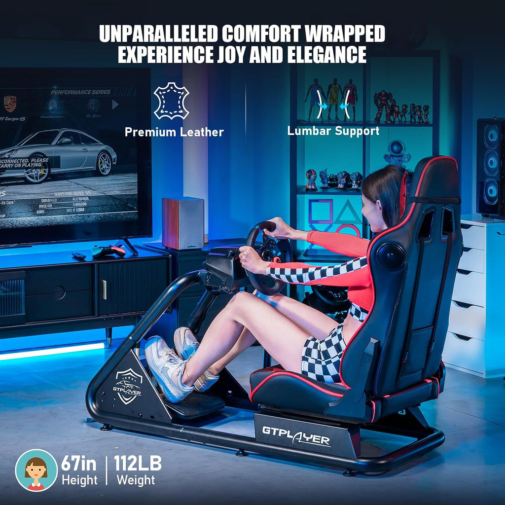 GTPLAYER Racing Simulator Cockpit with Seat and Bluetooth Speakers, Racing Style Reclining Seat and Ultra-Sturdy Alloy Steel Frame (Red)