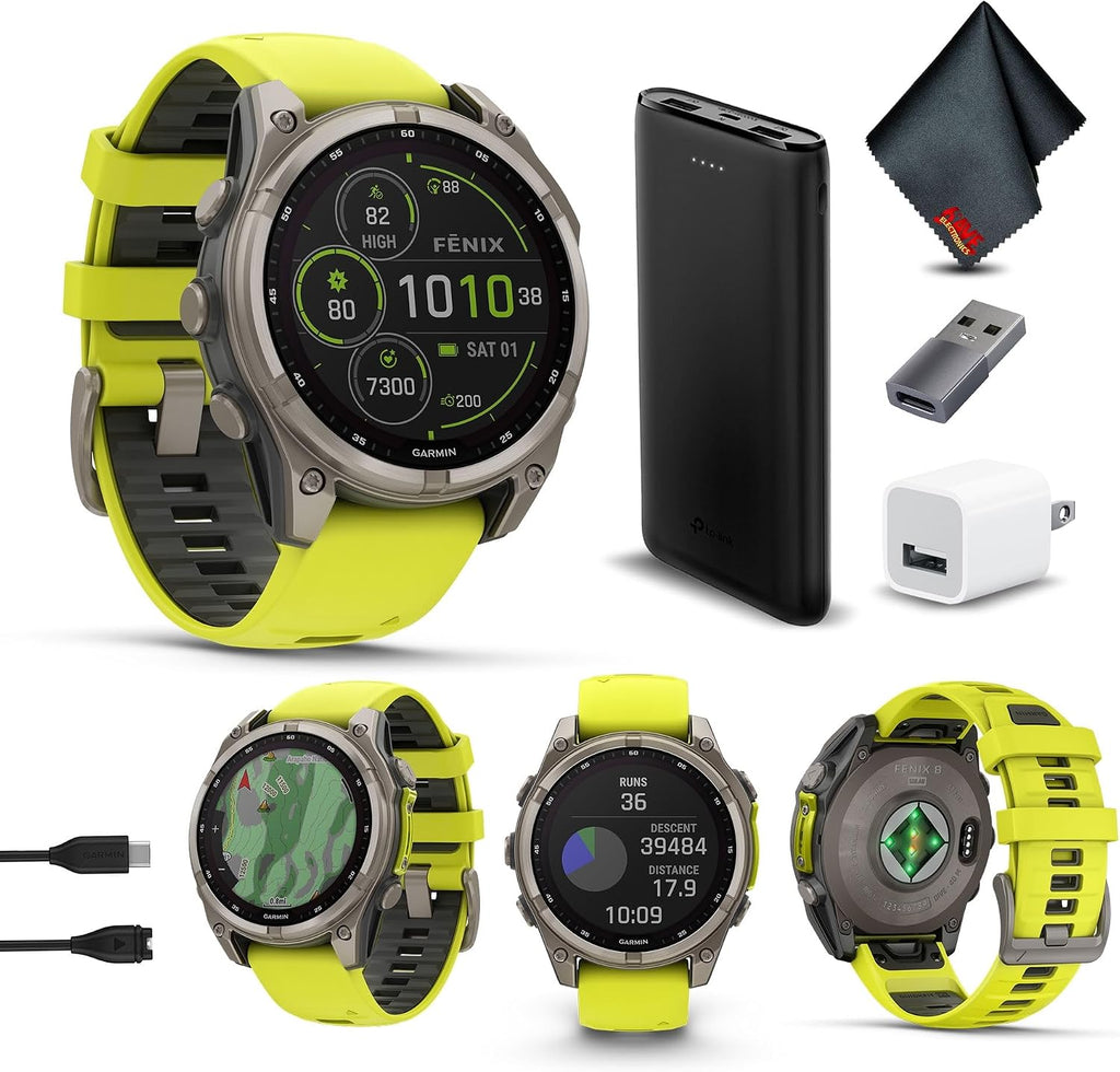 Garmin Fenix 8 47MM Solar Sapphire Multisport GPS Smartwatch Titanium with Amp Yellow Silicone Band, 48 Days Battery Life, Built-in LED Flashlight, Health & Fitness Smart Watch Bundle for Men & Women