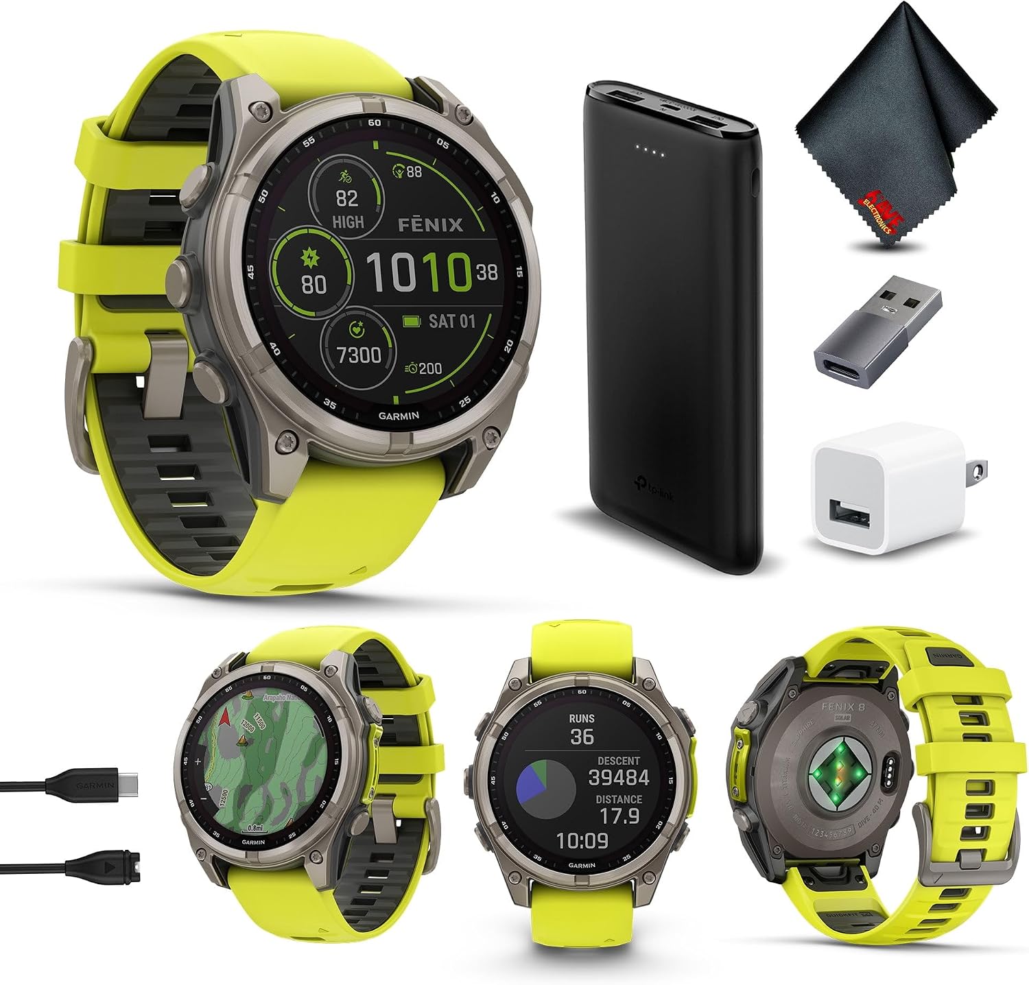Garmin Fenix 8 47MM Solar Sapphire Multisport GPS Smartwatch Titanium with Amp Yellow Silicone Band, 48 Days Battery Life, Built-in LED Flashlight, Health & Fitness Smart Watch Bundle for Men & Women