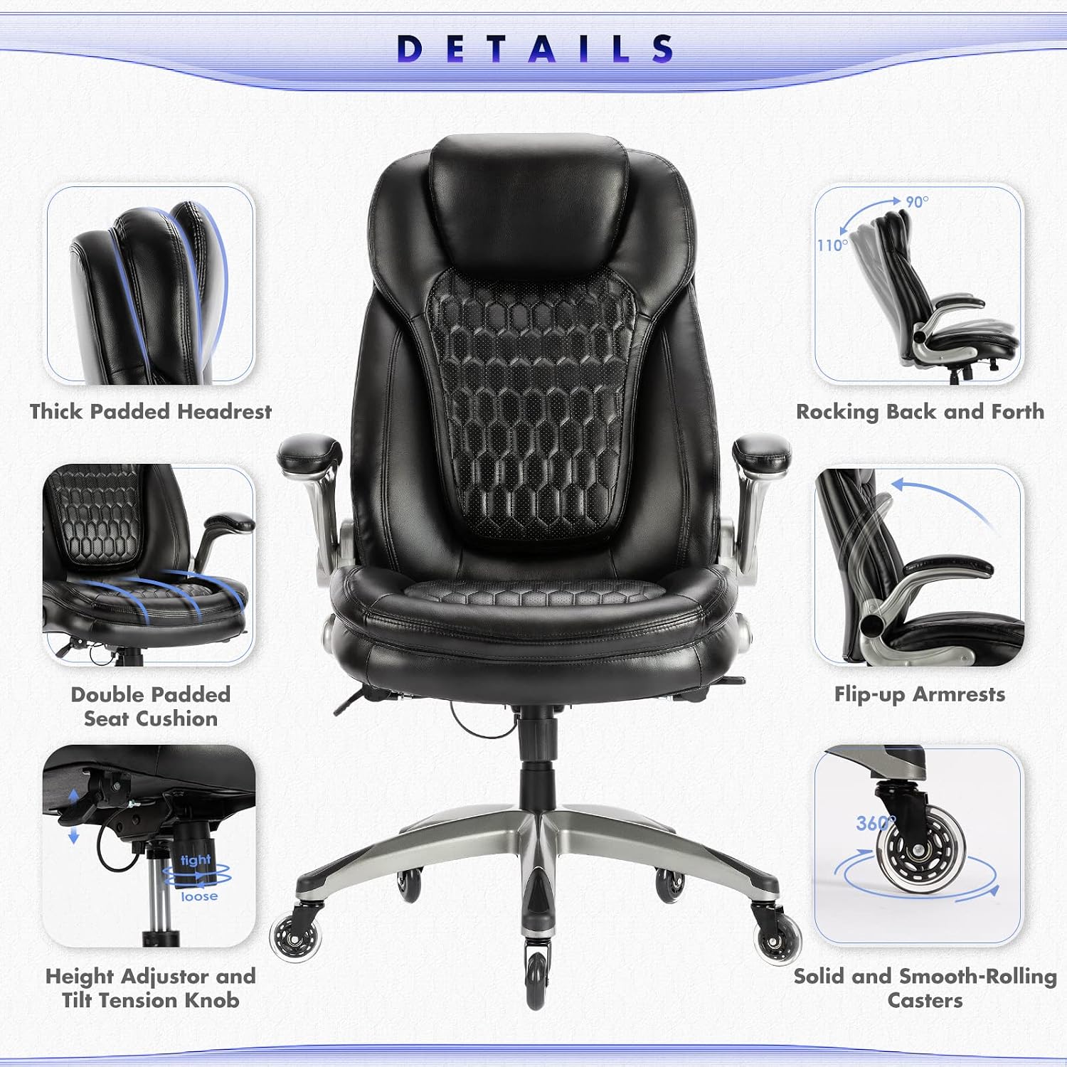 COLAMY High Back Executive Office Chair (Set of 2), Ergonomic PU Leather Desk Chairs with Flip-Up Arms and Upgraded Swivel Casters, Comfortable Computer Chairs for Home Office – Black