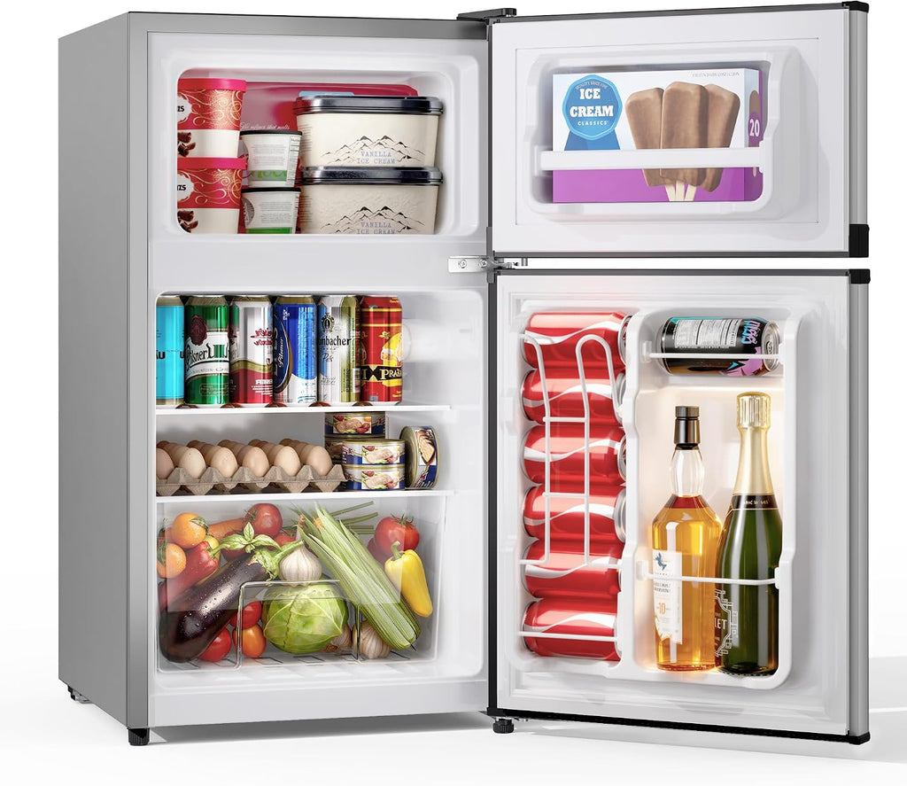 Manastin 3.6 Cu.Ft 2-Door Refrigerator with Freezer, 7-Level Thermostat & Adjustable Shelves, Quiet Operation for Kitchen, Office & Dorm (Silver)