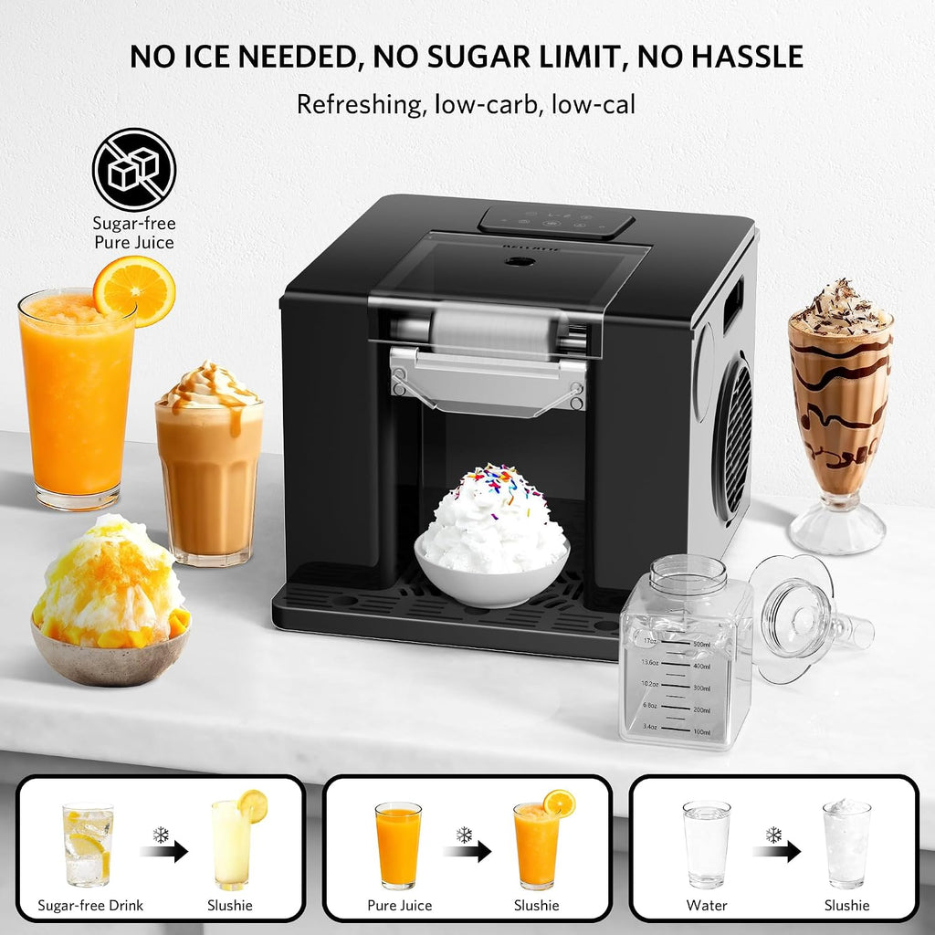 Shaved Ice Machine with Compressor | 60s Fast Fluffy Slushie & Snow Cone Maker | No Pre-Freezing | Sugar-Free Friendly | Self-Cleaning | 16oz Frozen Drink Maker for Home, Party & RV
