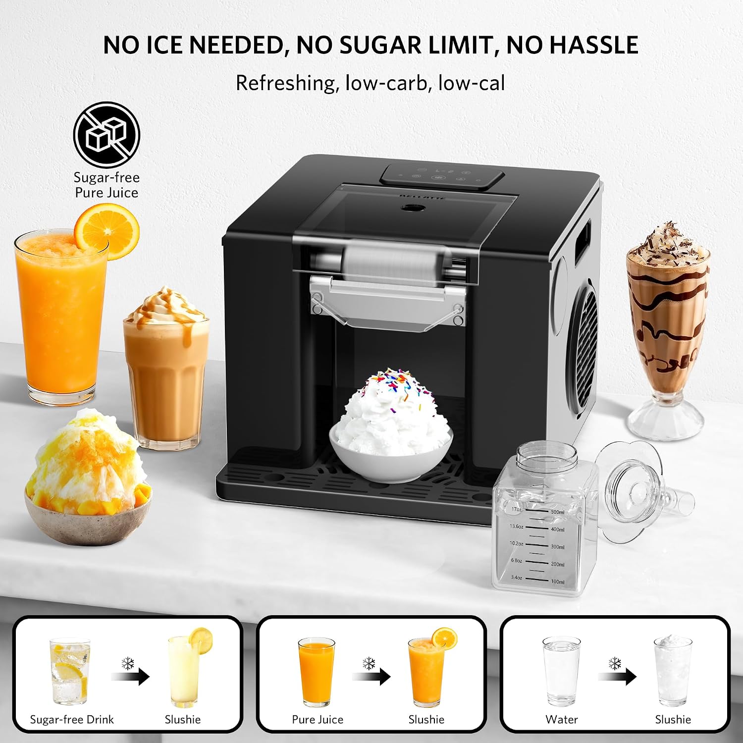 Shaved Ice Machine with Compressor | 60s Fast Fluffy Slushie & Snow Cone Maker | No Pre-Freezing | Sugar-Free Friendly | Self-Cleaning | 16oz Frozen Drink Maker for Home, Party & RV