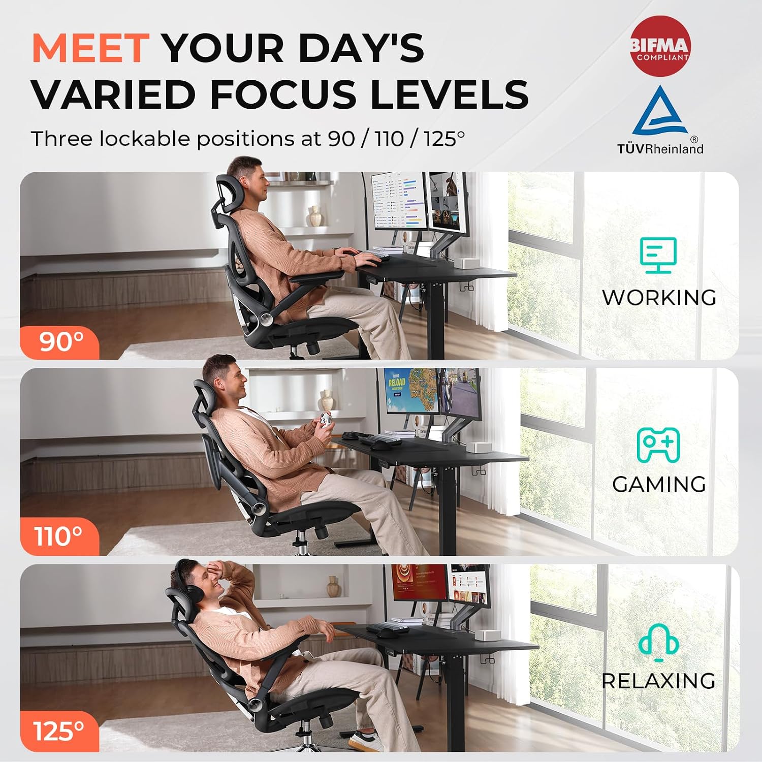 CAPOT Ergonomic Mesh Office Chair, Adjustable Lumbar High Back Desk Chair 400lbs, 4D Flip-up Arms, 3 Tilt Backrest, 3D Headrest, PU Wheels, Swivel Rolling Computer Chair for Long Desk Work - Black