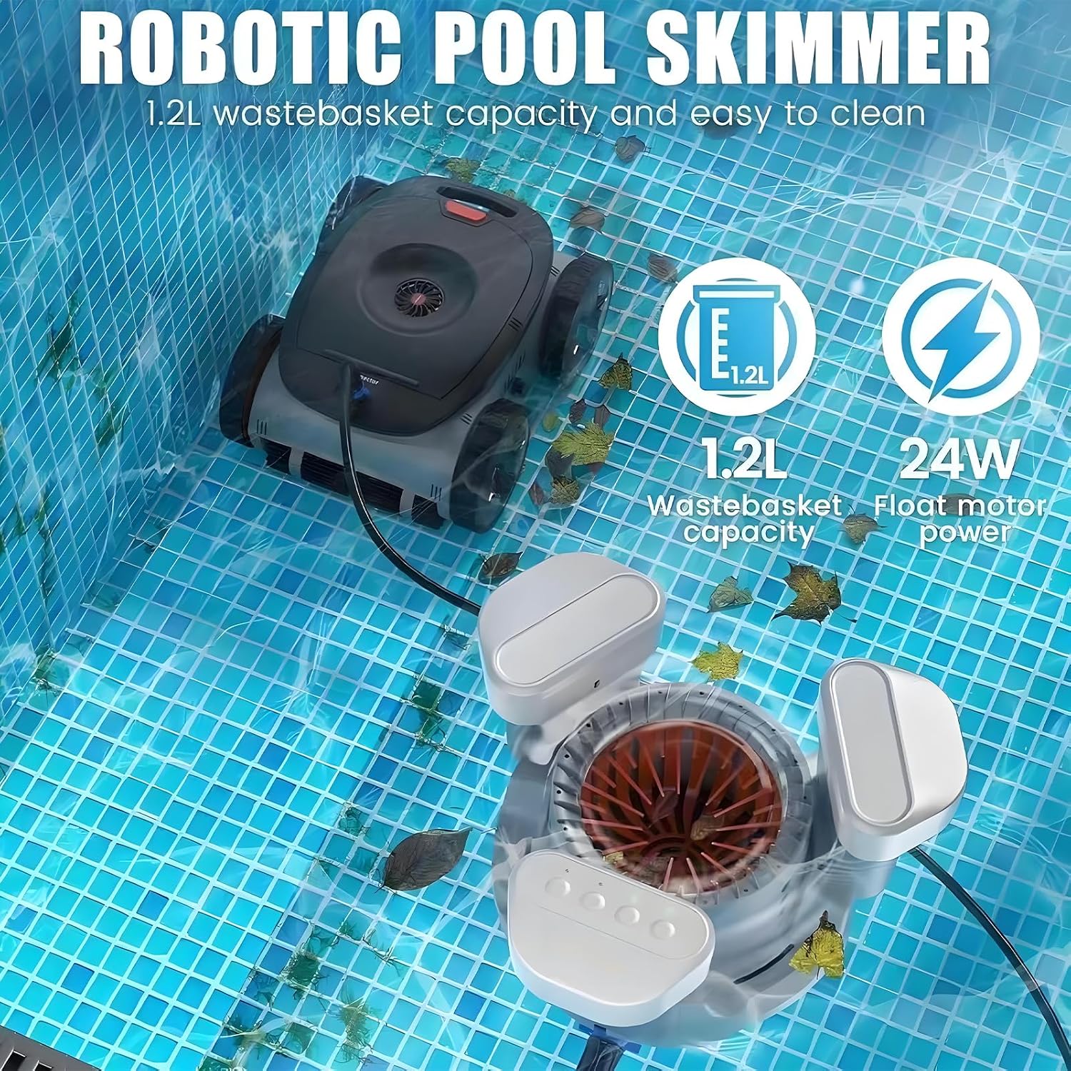 Mono Plus Intelligent Underwater Pool Cleaning Robot - Complete Full-Accessory Package, Surface Skimmer Buoy, WiFi Control, 9000mAh Battery, Comprehensive Pool Cleaning