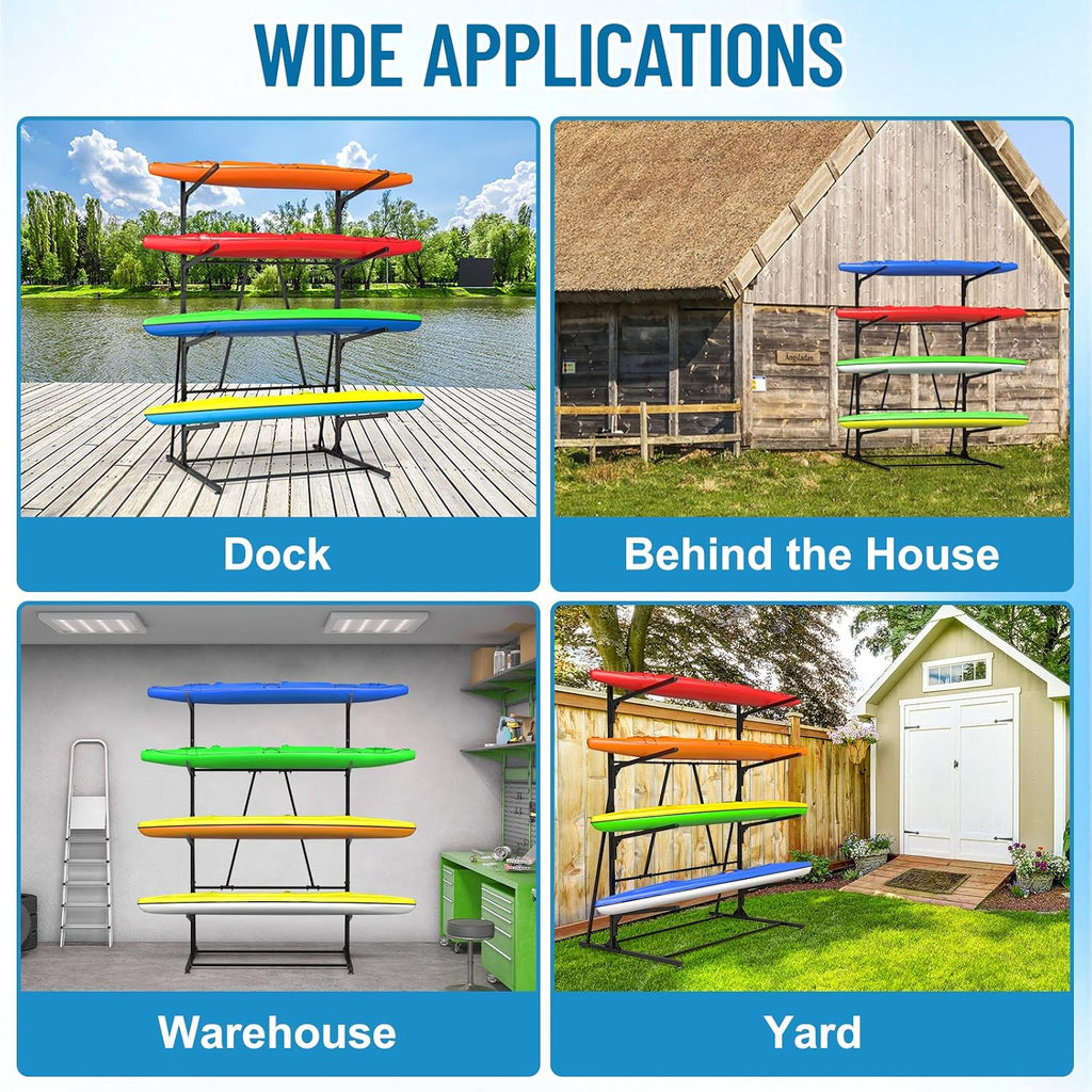 Kayak Storage Rack, Heavy Duty Freestanding Kayak Rack for Garage and Outdoor Storage, Kayak Stand Adjustable for Kayak, Canoe, Surfboard and Paddle Board, 4-Layer