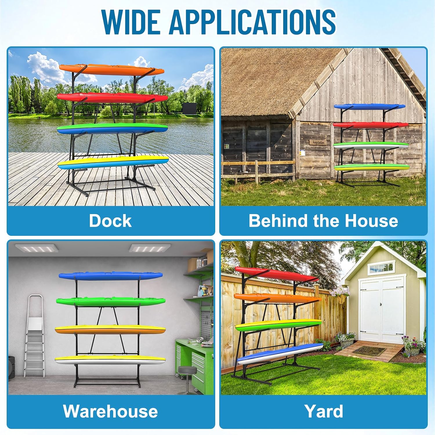 Kayak Storage Rack, Heavy Duty Freestanding Kayak Rack for Garage and Outdoor Storage, Kayak Stand Adjustable for Kayak, Canoe, Surfboard and Paddle Board, 4-Layer