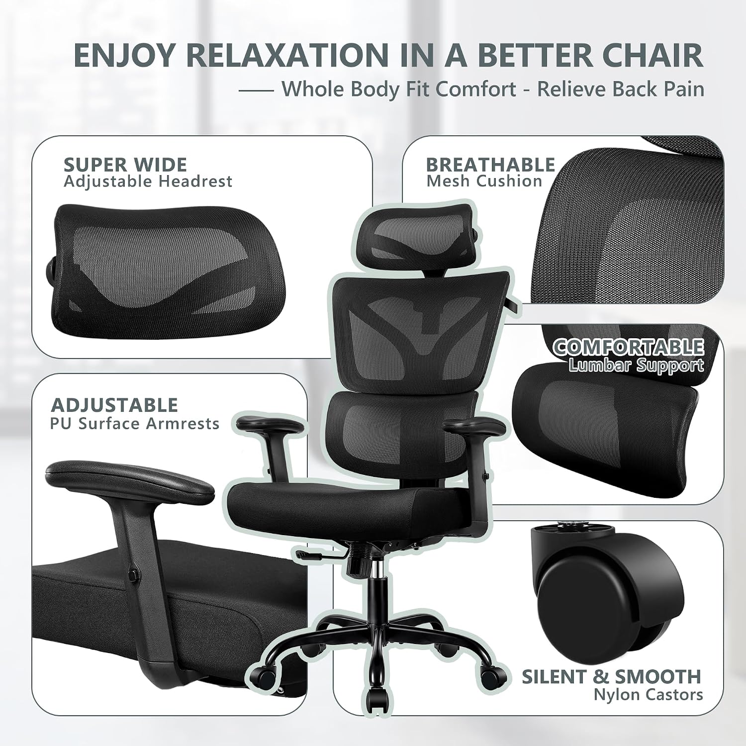Winrise Office Chair Ergonomic Desk Chair, High Back Gaming Chair, Big and Tall Reclining Comfy Home Office Chair Lumbar Support Breathable Mesh Computer Chair Adjustable Armrests (Black)