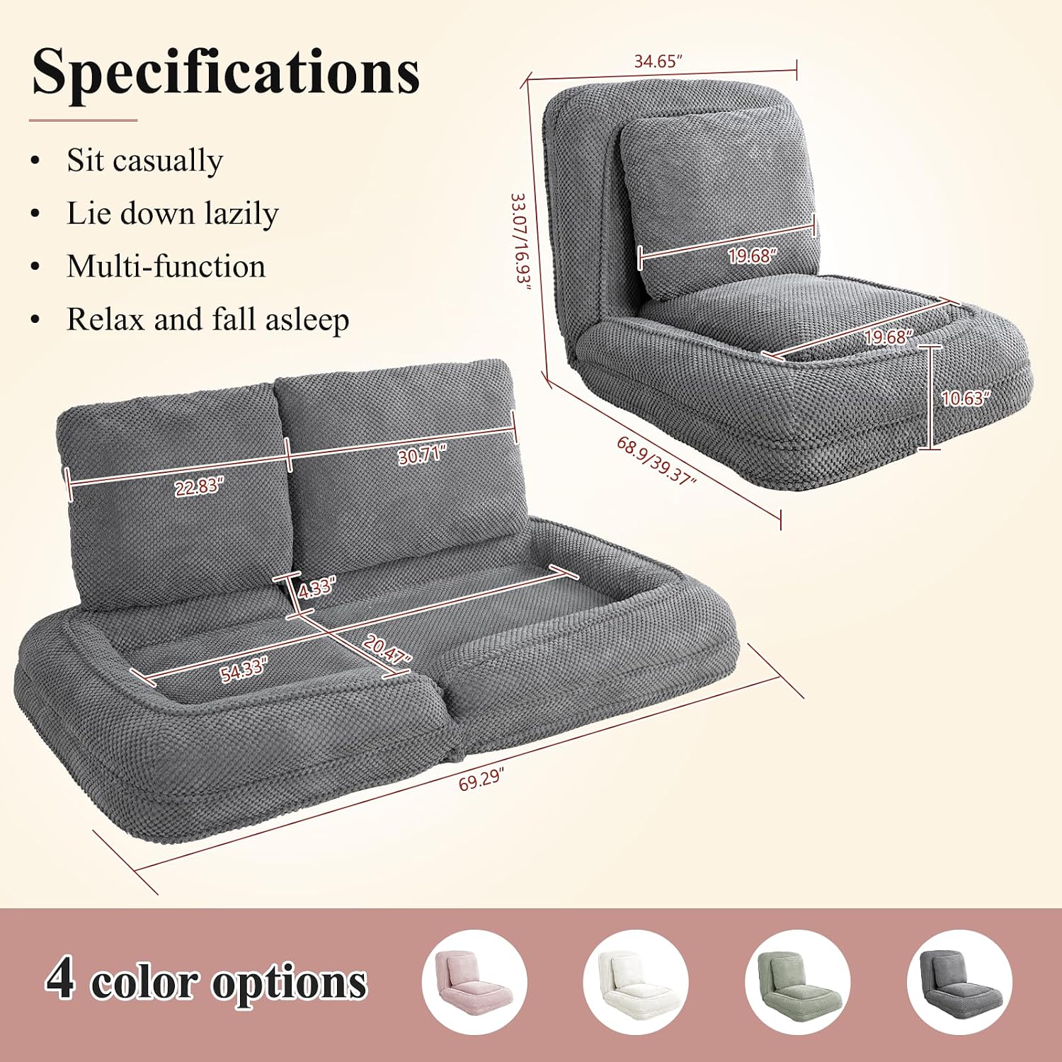 Human Dog Bed, Lazy Sofa Couch, Plush Floor Gaming Chair,5 Adjustable Position, sit, Sleep, fold, Suit to Put in Bedroom, Living Room,Space Saving Design (Gray)