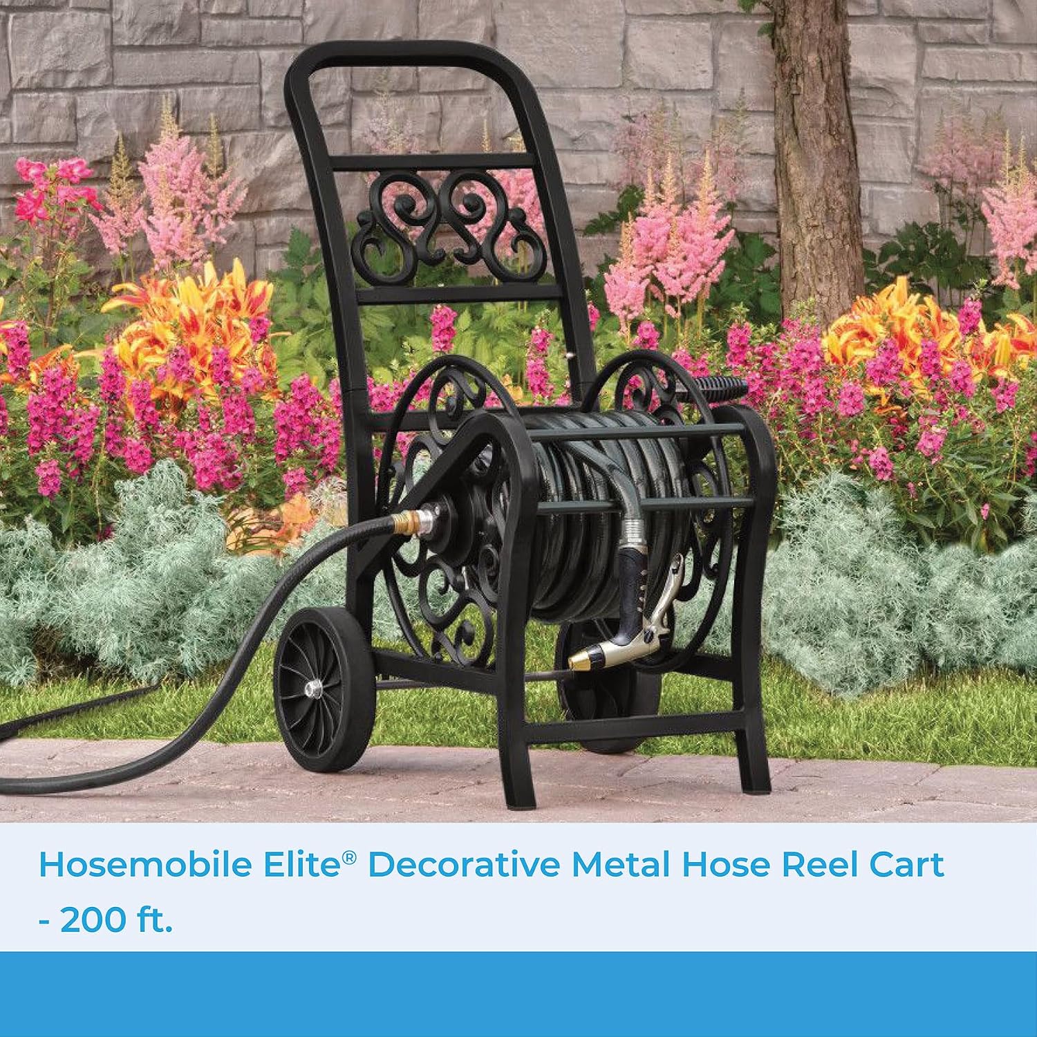 Suncast Metal Decorative 200' Hose Cart with Flat-Free Wheels and Foot Caps, Stylish Garden Hose Reel Cart for 200' of Standard Vinyl Hose