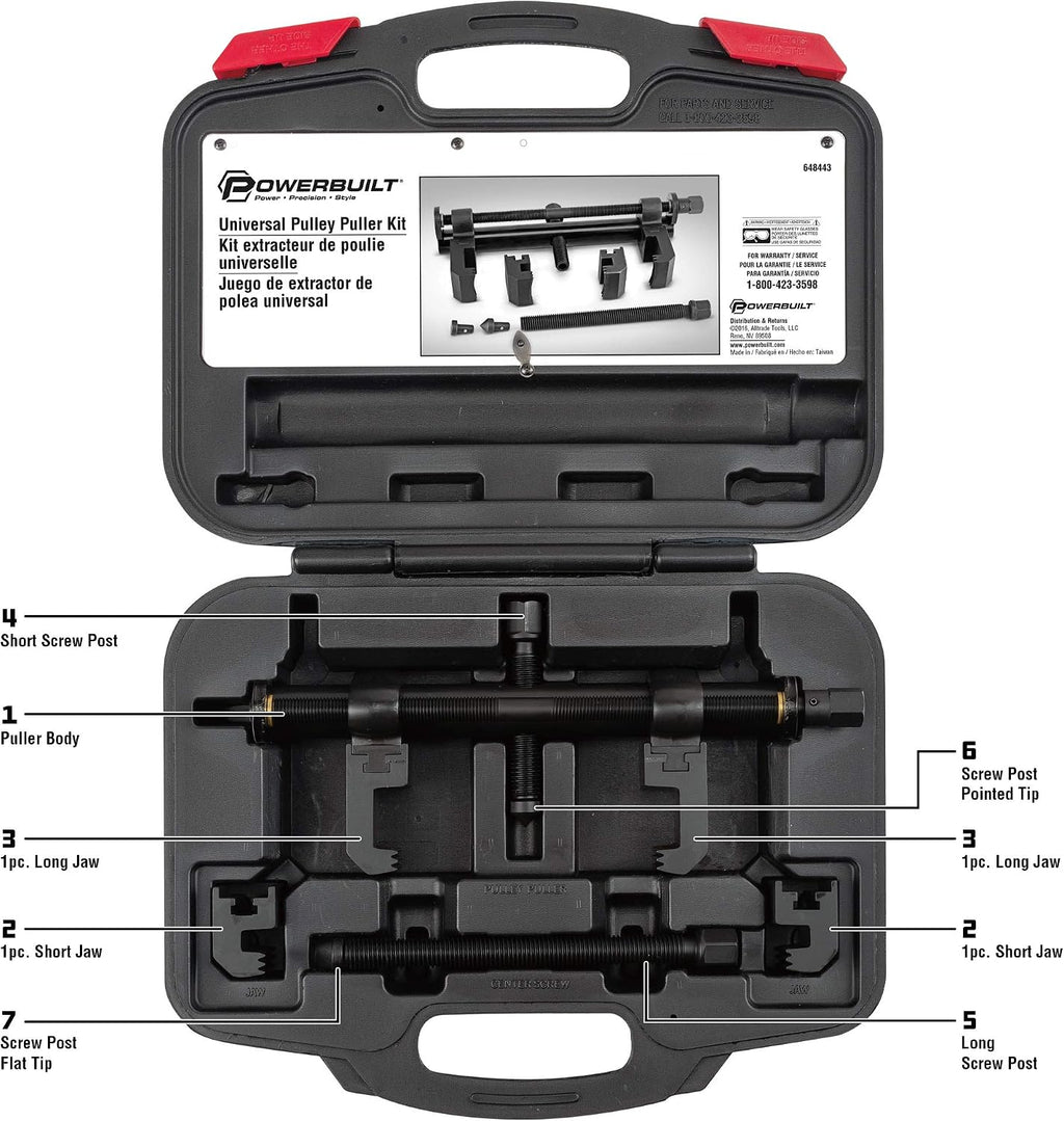 Powerbuilt Universal Pulley Puller Kit, Specialty Engine and Drive Train Tool Set, Remove Serpentine Pulleys, Service Car Vehicles, Storage Case 648443