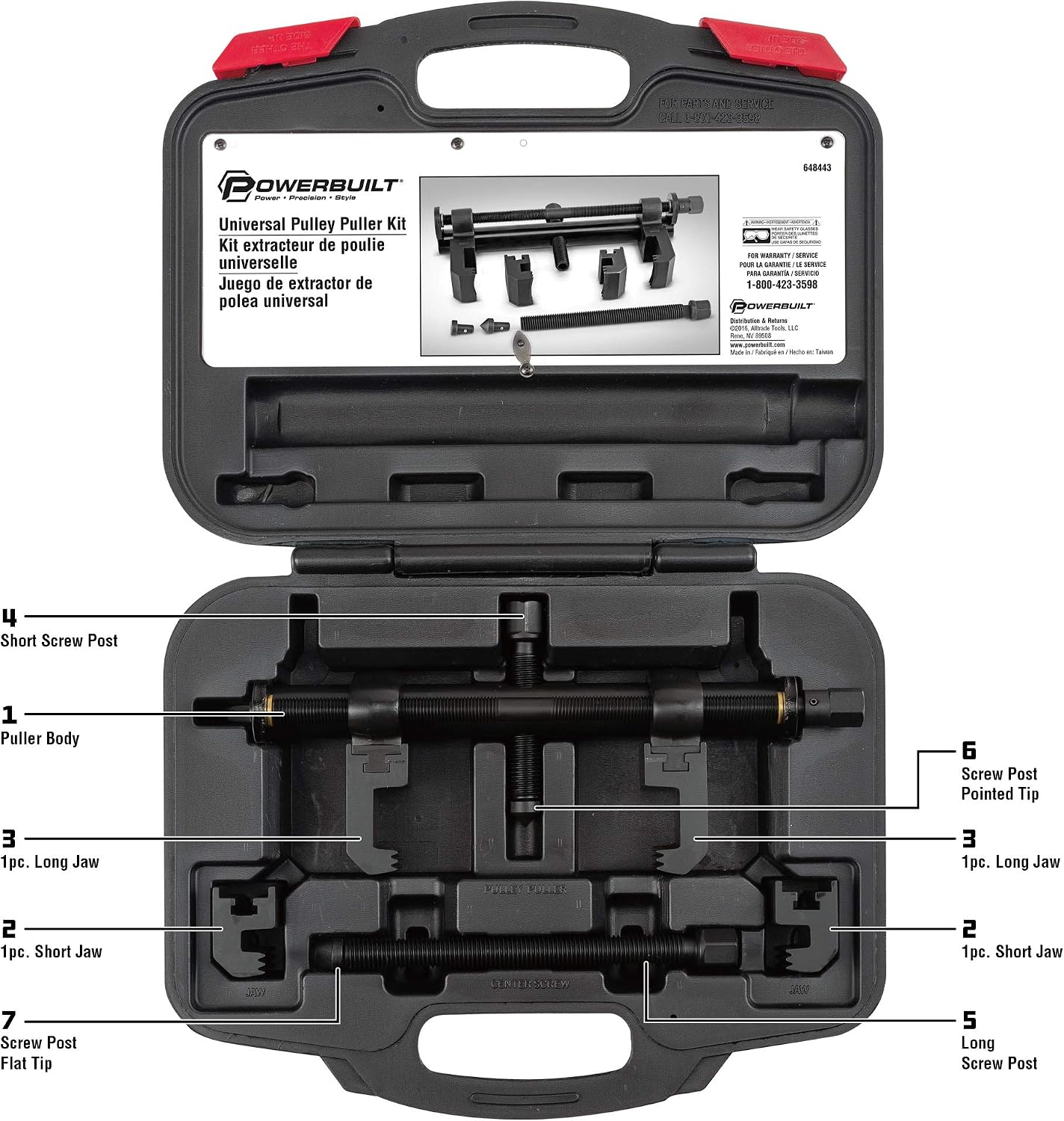 Powerbuilt Universal Pulley Puller Kit, Specialty Engine and Drive Train Tool Set, Remove Serpentine Pulleys, Service Car Vehicles, Storage Case 648443
