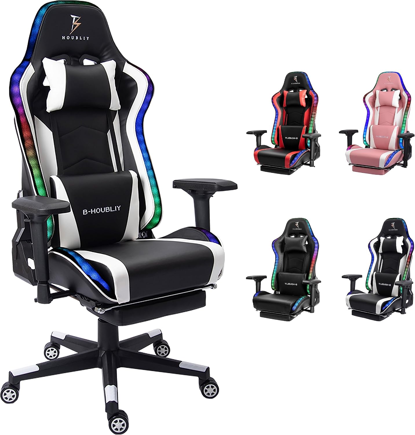 Ergonomic Gaming Chair with Speakers and LED Light - Full Massage Lumbar Support, High Back Office Chair - Recliner with Footrest and Lumbar Support, Adults Teens Computer Chair.,White