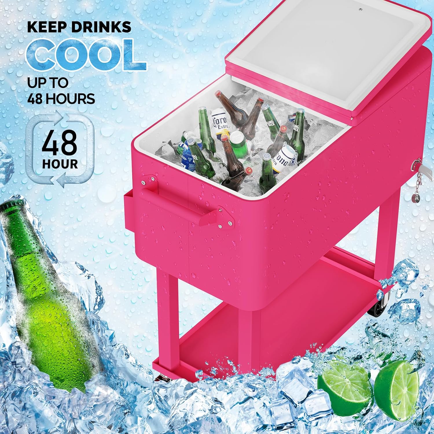 VINGLI Rolling Ice Chest, Portable Patio Party Bar Drink Cooler Cart, with Shelf, Beverage Pool with Bottle Opener