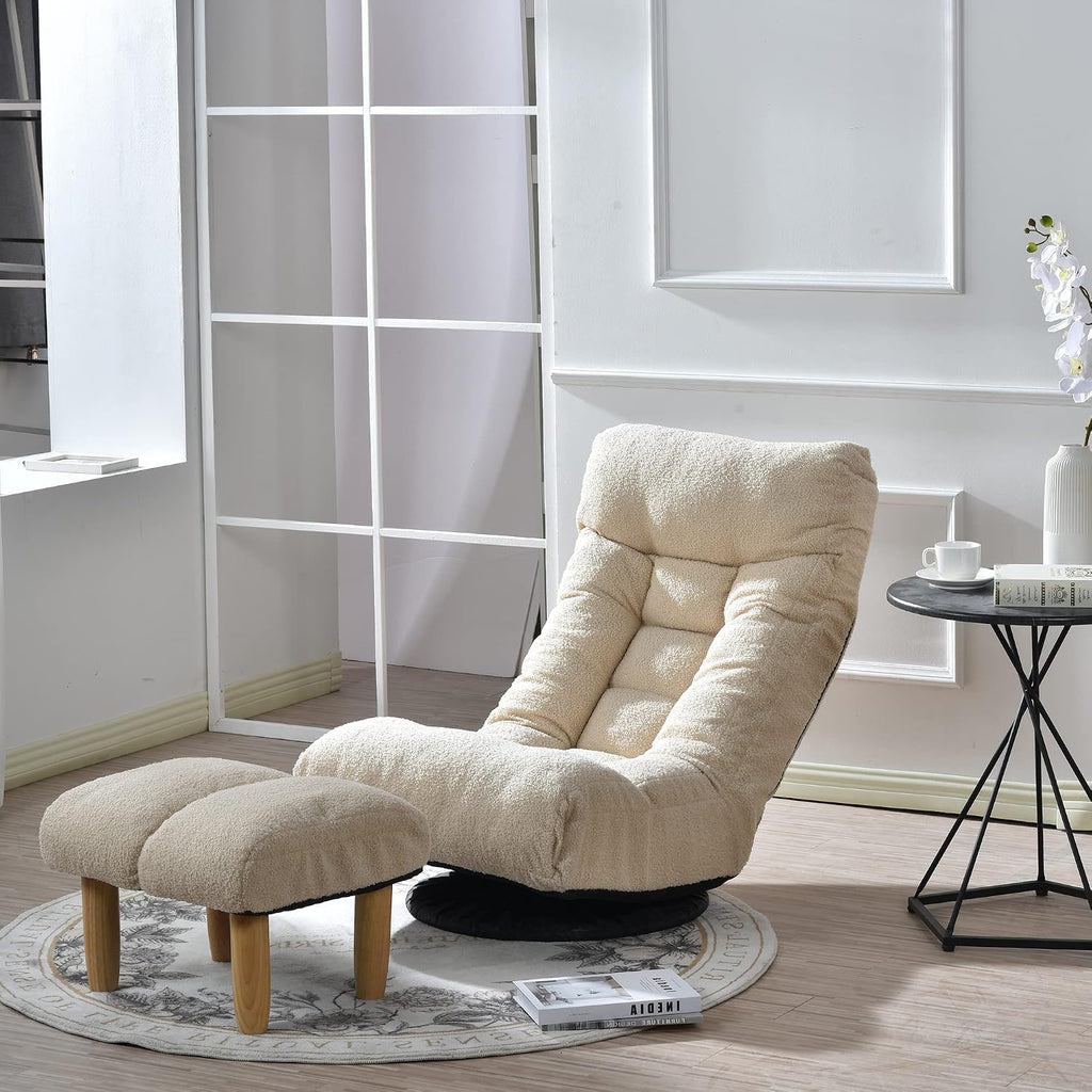 Swivel Lazy Floor Chair with Ottoman, Adjustable Reclining Floor Lounger with Back Support, Comfy Tatami Sofa Seat for Adults Bedroom & Gaming