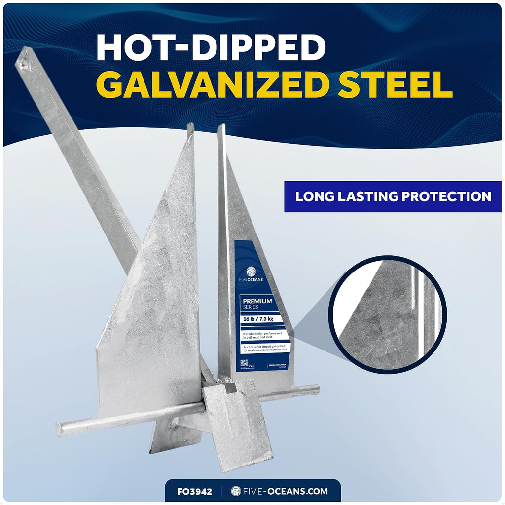 Five Oceans Fluke Boat Anchor, Heavy Duty Hot Dipped Galvanized Steel, Multiple Sizes – Ideal for Pontoon, Dinghies, Boats