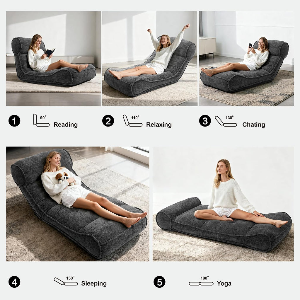 SUNPEAK Lazy Floor Bed 83' – Extra Comfy Sleeper Chaise Lounge Chair Indoor, Adjustable Recliner Floor Lounger, Plush Futon Chair Bed for Yoga, Gaming, Meditation & Reading Nook (Recliner, Black)