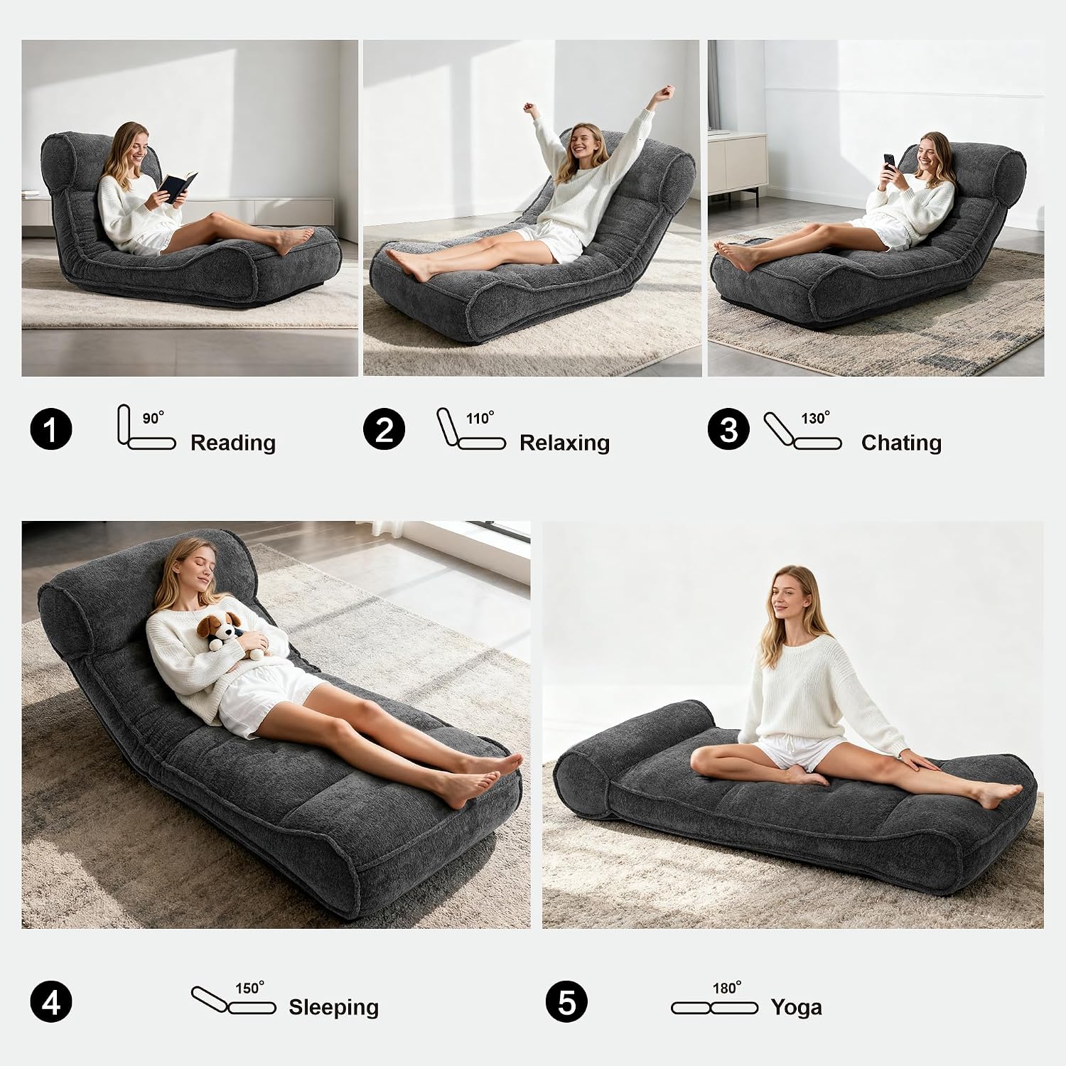 SUNPEAK Lazy Floor Bed 83' – Extra Comfy Sleeper Chaise Lounge Chair Indoor, Adjustable Recliner Floor Lounger, Plush Futon Chair Bed for Yoga, Gaming, Meditation & Reading Nook (Recliner, Black)