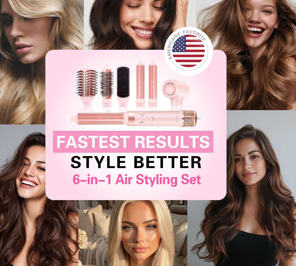 ABNER 6 in 1 Professional Hot Air Styler Auto Curler - Powerful Hair Dryer Brush & Straightener Set, Fast Drying Curling Volumizing Straightening, Styling Without Heat Damage, for All Hair Lengths